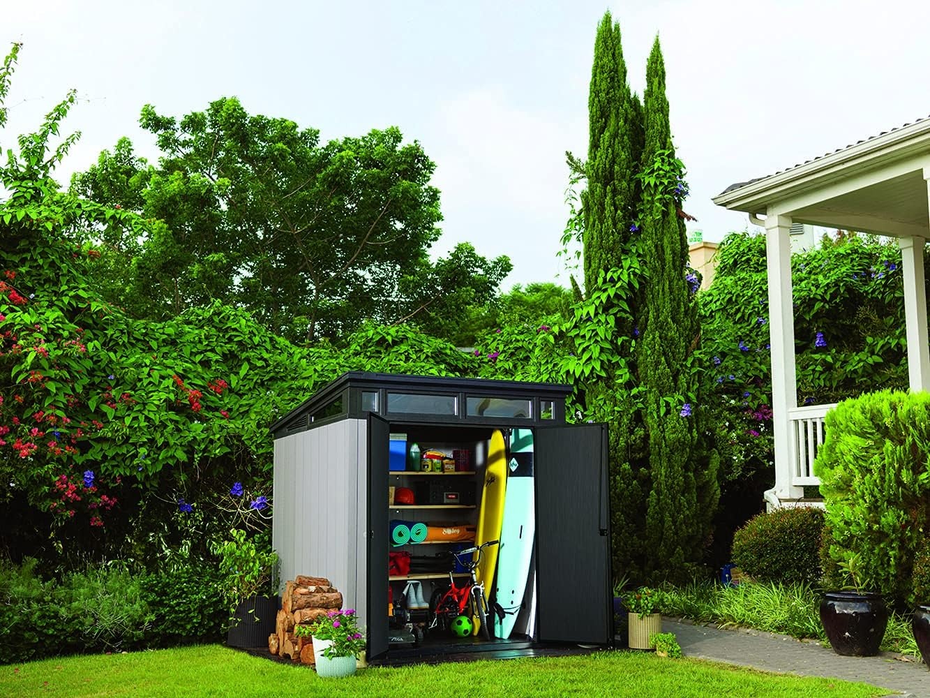 image:imageKeter Artisan 9x7 Foot Large Outdoor Shed with Floor with Modern Design for Patio Furniture Lawn Mower Tools and Bike Storage feet GreyBlack7x7