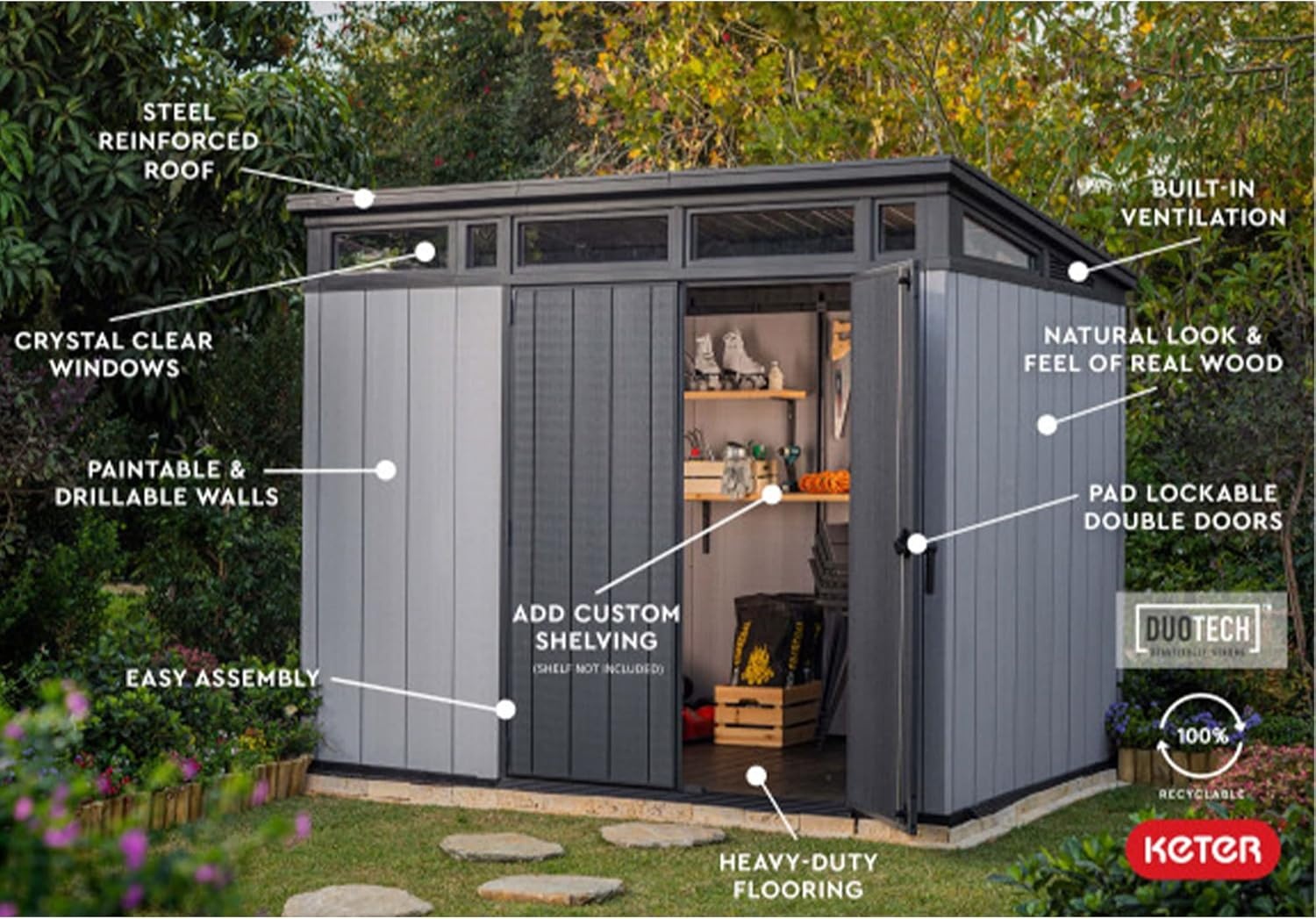 image:imageKeter Artisan 9x7 Foot Large Outdoor Shed with Floor with Modern Design for Patio Furniture Lawn Mower Tools and Bike Storage feet GreyBlack9x7