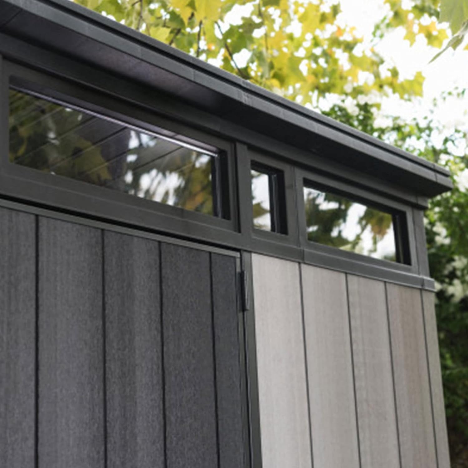 image:imageKeter Artisan 9x7 Foot Large Outdoor Shed with Floor with Modern Design for Patio Furniture Lawn Mower Tools and Bike Storage feet GreyBlack9x7