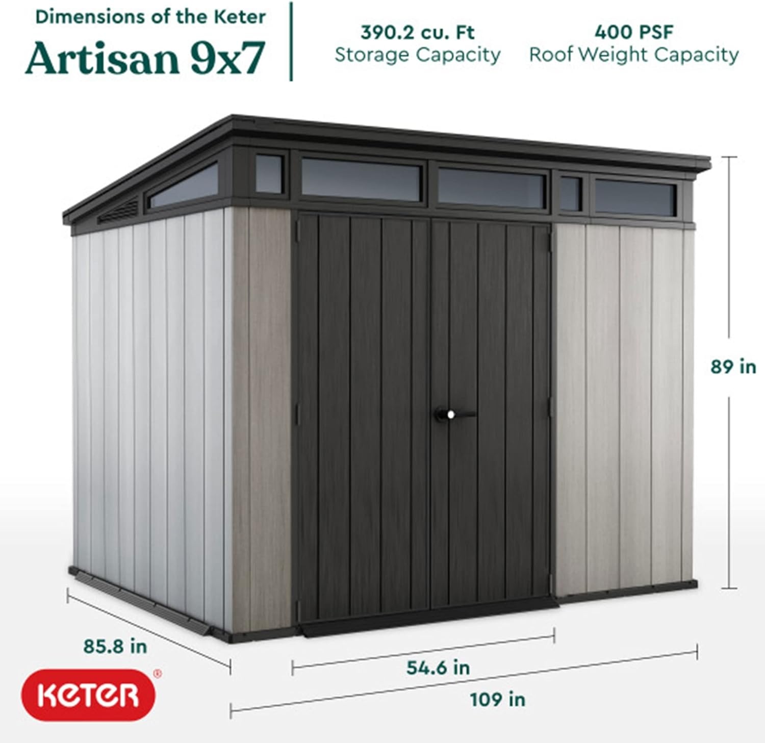 image:imageKeter Artisan 9x7 Foot Large Outdoor Shed with Floor with Modern Design for Patio Furniture Lawn Mower Tools and Bike Storage feet GreyBlack9x7