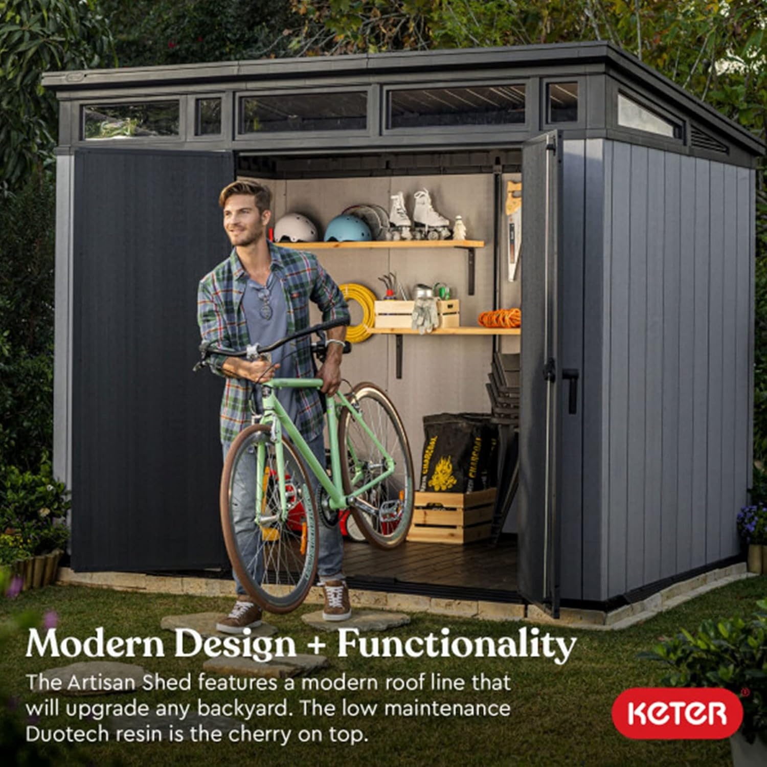 image:imageKeter Artisan 9x7 Foot Large Outdoor Shed with Floor with Modern Design for Patio Furniture Lawn Mower Tools and Bike Storage feet GreyBlack9x7