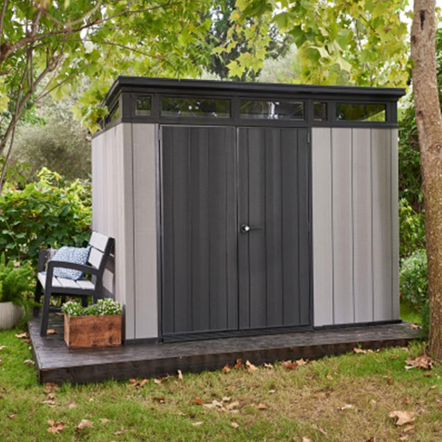 image:imageKeter Artisan 9x7 Foot Large Outdoor Shed with Floor with Modern Design for Patio Furniture Lawn Mower Tools and Bike Storage feet GreyBlack9x7