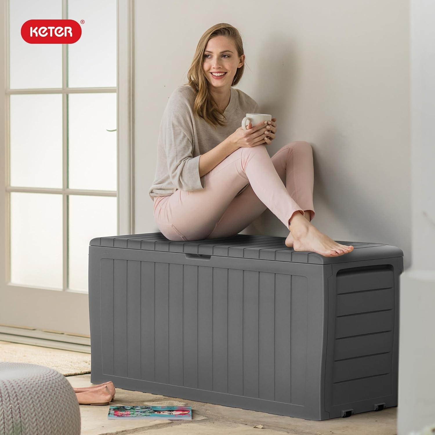 image:imageKeter Atlas 70 Gallon Deck Box WeatherResistant Outdoor Storage Chest for Patio Yard amp Pool Durable Resin Construction Lockable Lid EasyOpen DesignLight Grey