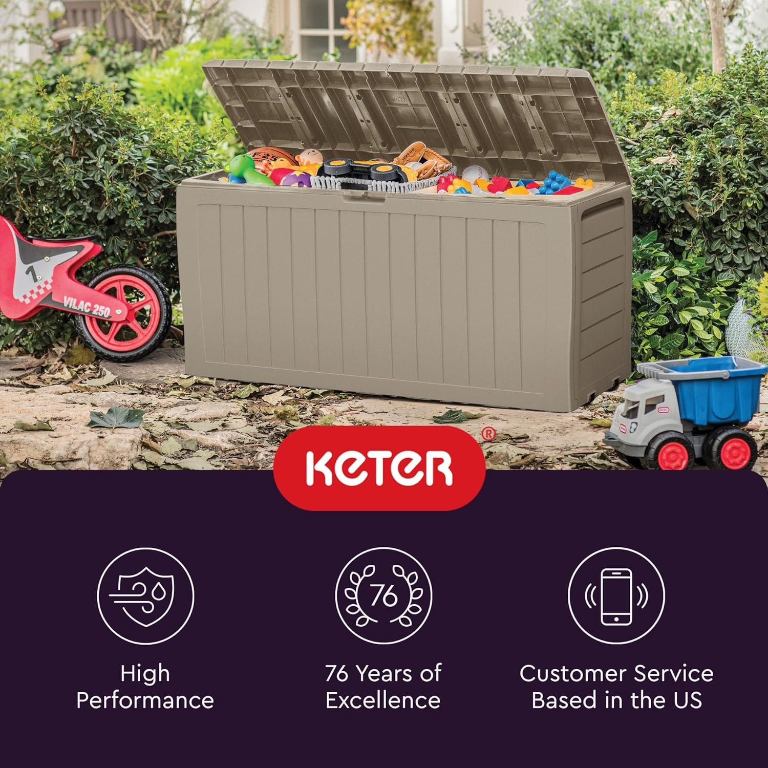 image:imageKeter Atlas 70 Gallon Deck Box WeatherResistant Outdoor Storage Chest for Patio Yard amp Pool Durable Resin Construction Lockable Lid EasyOpen DesignBeige