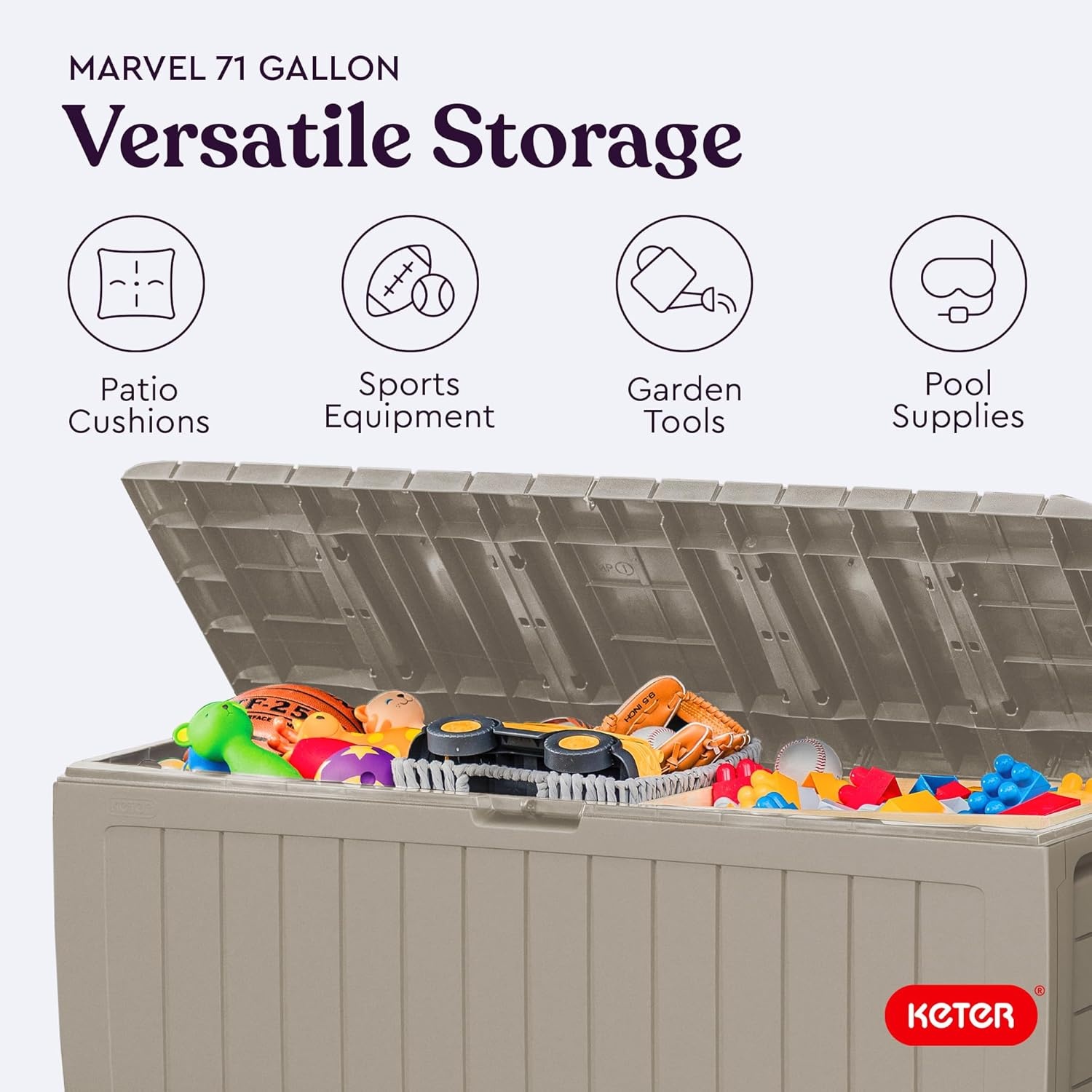 image:imageKeter Atlas 70 Gallon Deck Box WeatherResistant Outdoor Storage Chest for Patio Yard amp Pool Durable Resin Construction Lockable Lid EasyOpen DesignBeige