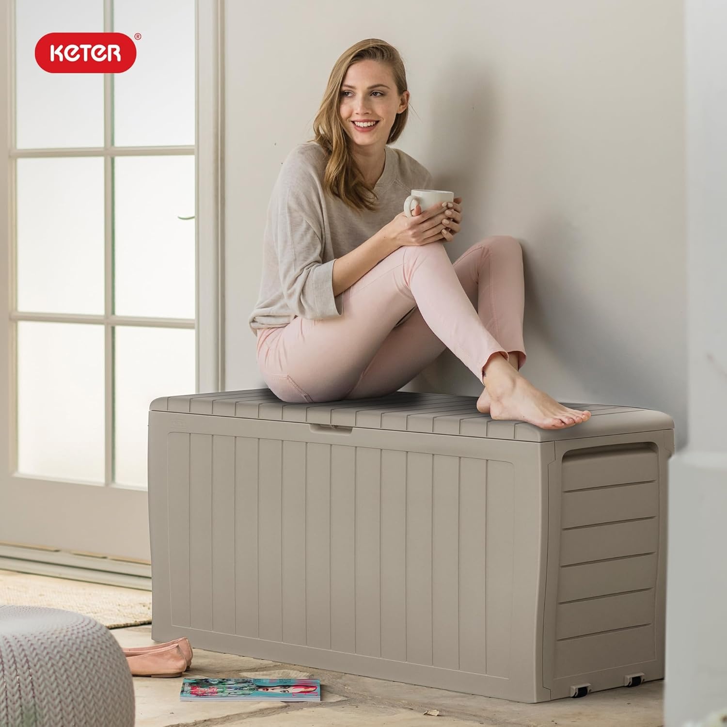 image:imageKeter Atlas 70 Gallon Deck Box WeatherResistant Outdoor Storage Chest for Patio Yard amp Pool Durable Resin Construction Lockable Lid EasyOpen DesignBeige