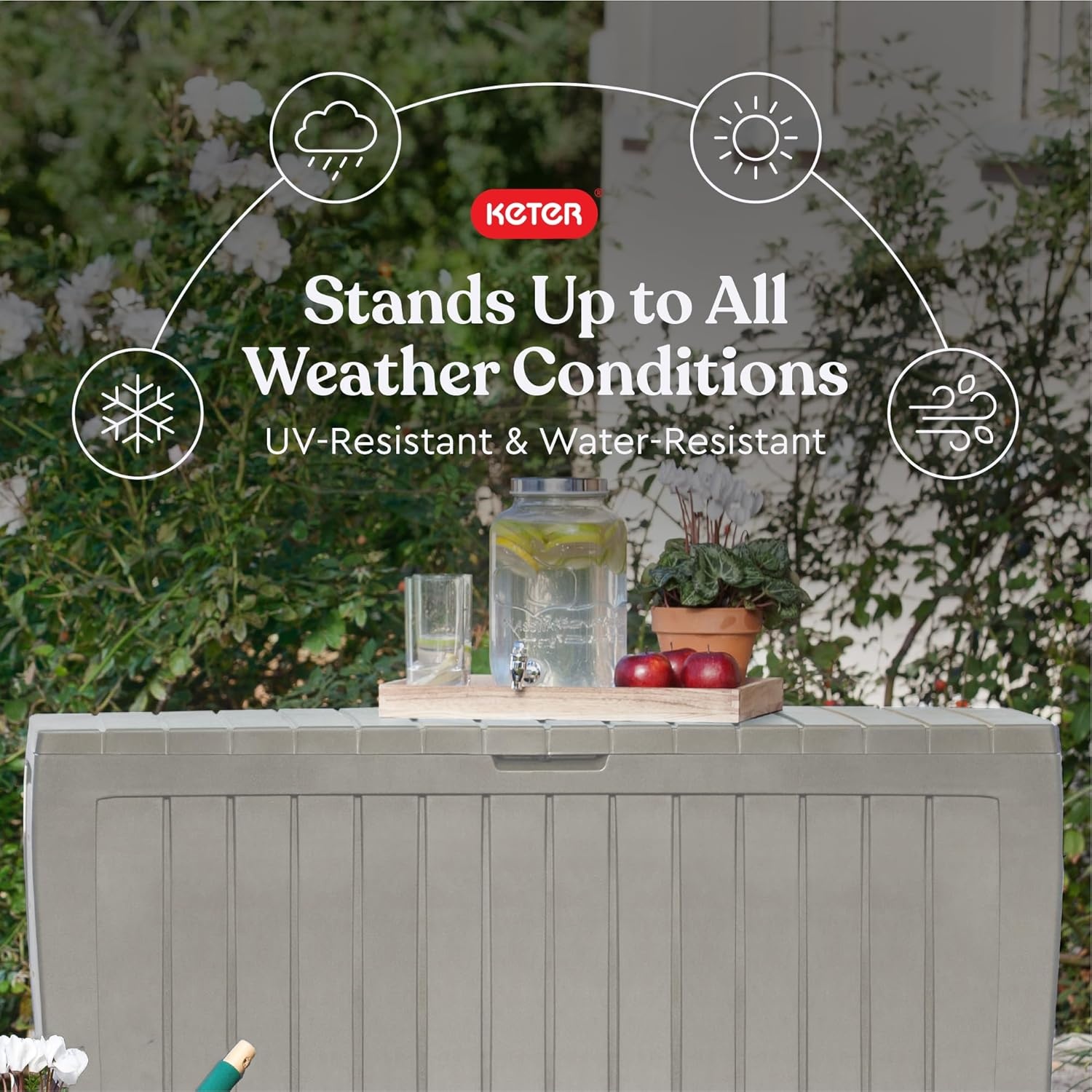 image:imageKeter Atlas 70 Gallon Deck Box WeatherResistant Outdoor Storage Chest for Patio Yard amp Pool Durable Resin Construction Lockable Lid EasyOpen DesignBeige