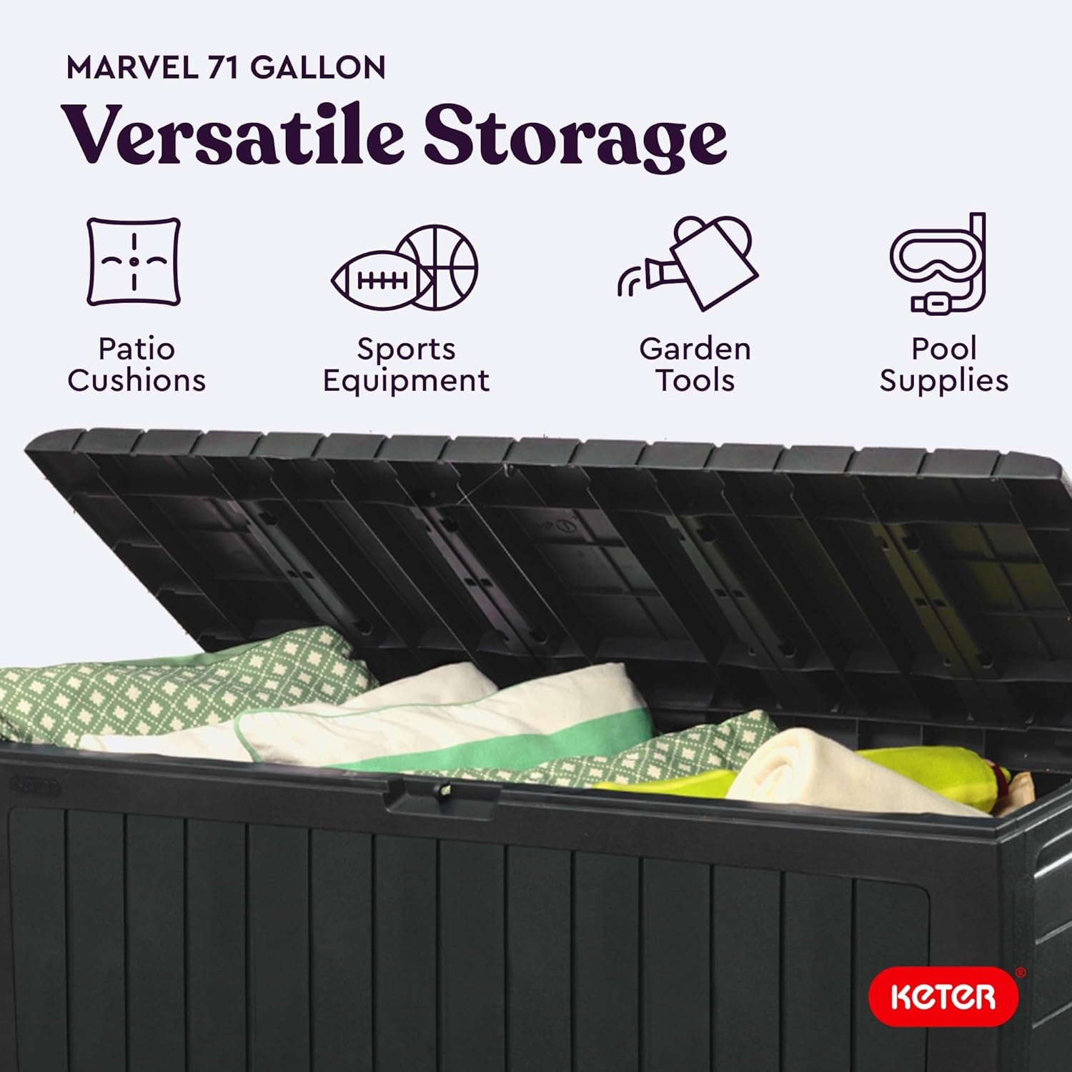 image:imageKeter Atlas 70 Gallon Deck Box WeatherResistant Outdoor Storage Chest for Patio Yard amp Pool Durable Resin Construction Lockable Lid EasyOpen DesignGraphite