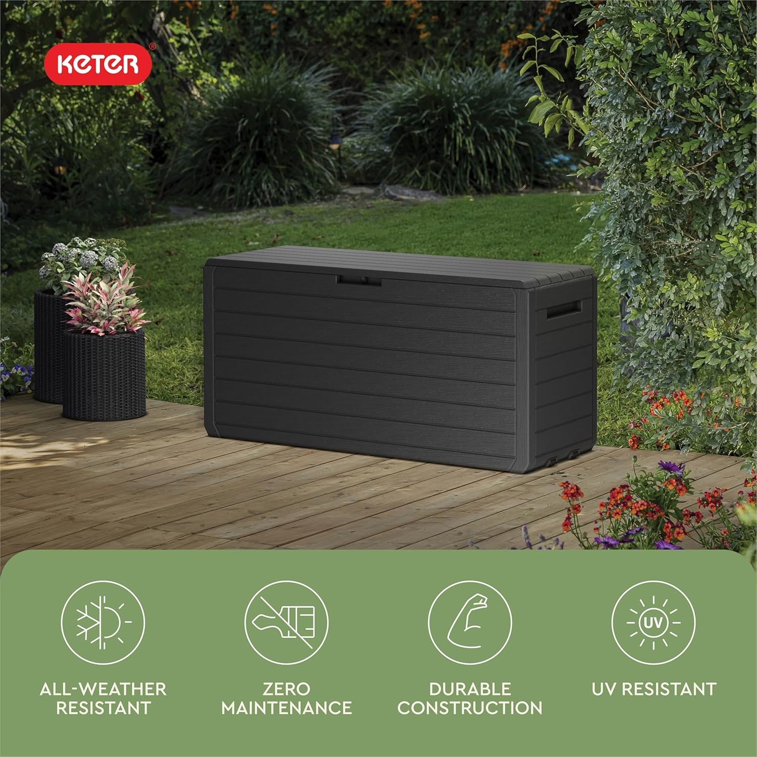 image:imageKeter Atlas 70 Gallon Deck Box WeatherResistant Outdoor Storage Chest for Patio Yard amp Pool Durable Resin Construction Lockable Lid EasyOpen DesignAtlas Graphite