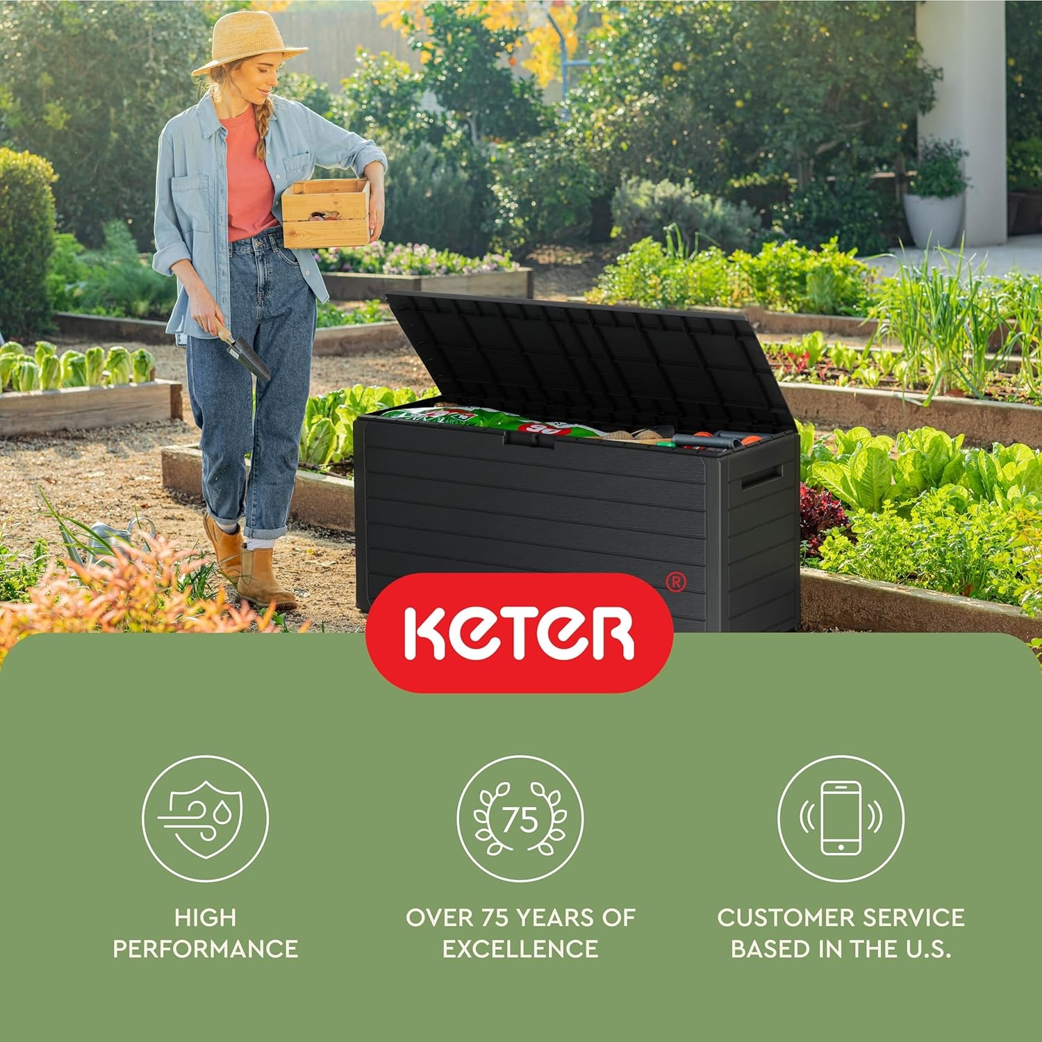 image:imageKeter Atlas 70 Gallon Deck Box WeatherResistant Outdoor Storage Chest for Patio Yard amp Pool Durable Resin Construction Lockable Lid EasyOpen DesignAtlas Graphite