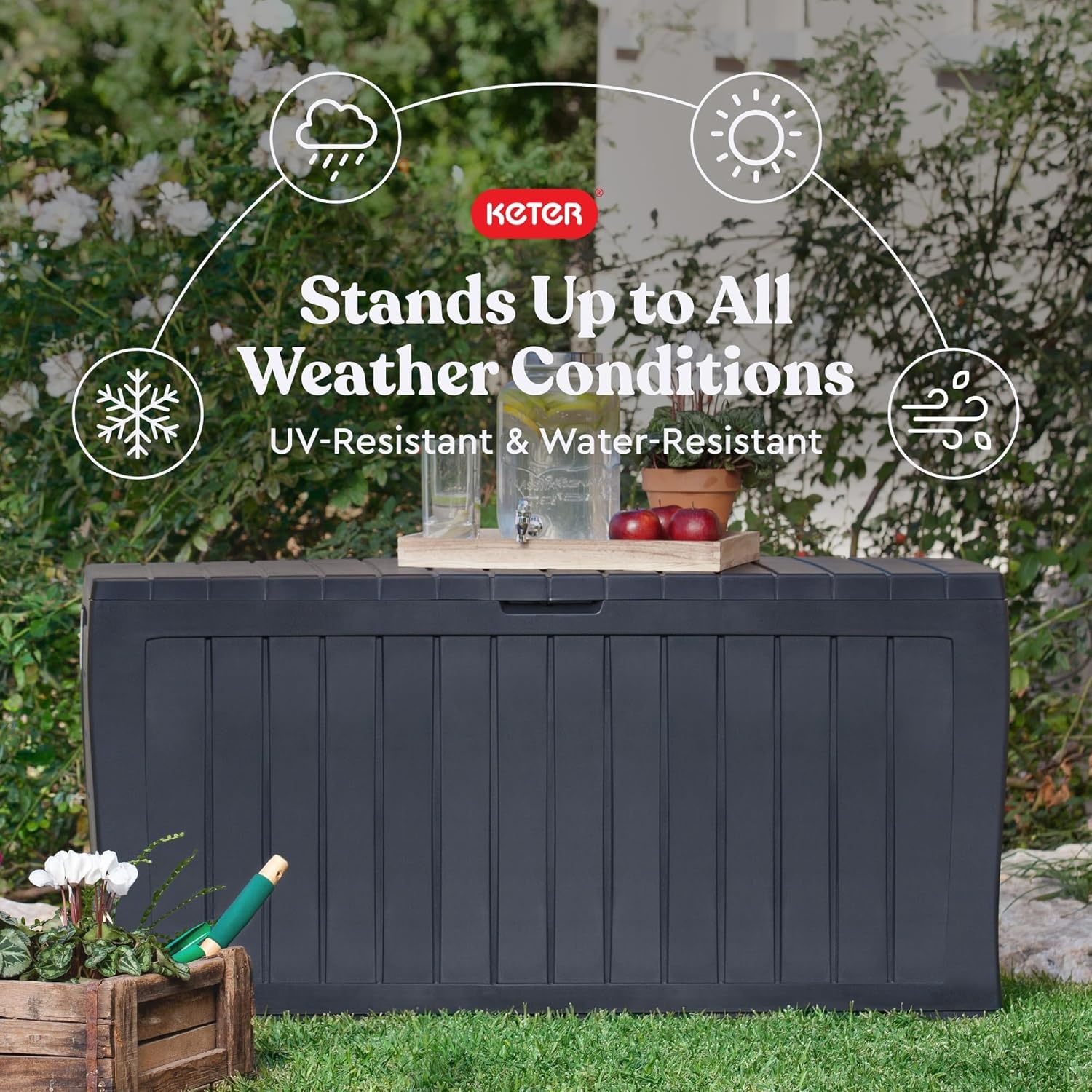 image:imageKeter Atlas 70 Gallon Deck Box WeatherResistant Outdoor Storage Chest for Patio Yard amp Pool Durable Resin Construction Lockable Lid EasyOpen DesignGraphite