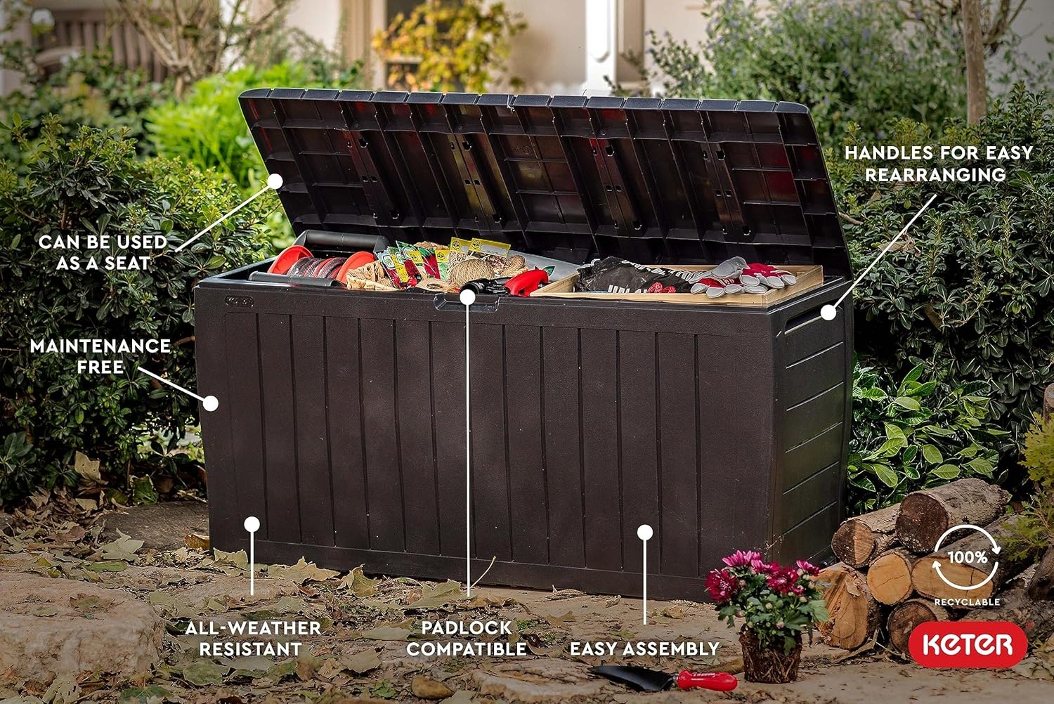 image:imageKeter Atlas 70 Gallon Deck Box WeatherResistant Outdoor Storage Chest for Patio Yard amp Pool Durable Resin Construction Lockable Lid EasyOpen DesignBrown