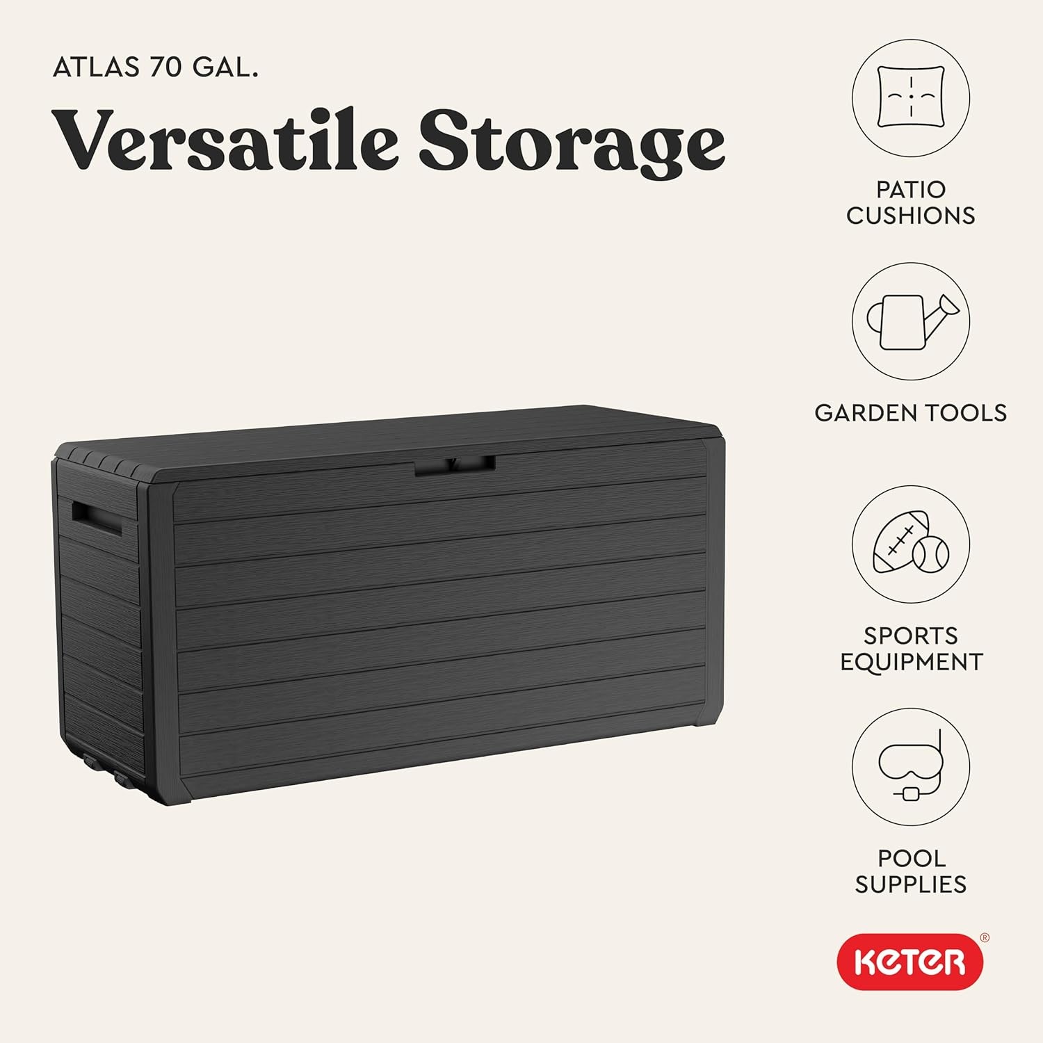 image:imageKeter Atlas 70 Gallon Deck Box WeatherResistant Outdoor Storage Chest for Patio Yard amp Pool Durable Resin Construction Lockable Lid EasyOpen DesignAtlas Graphite