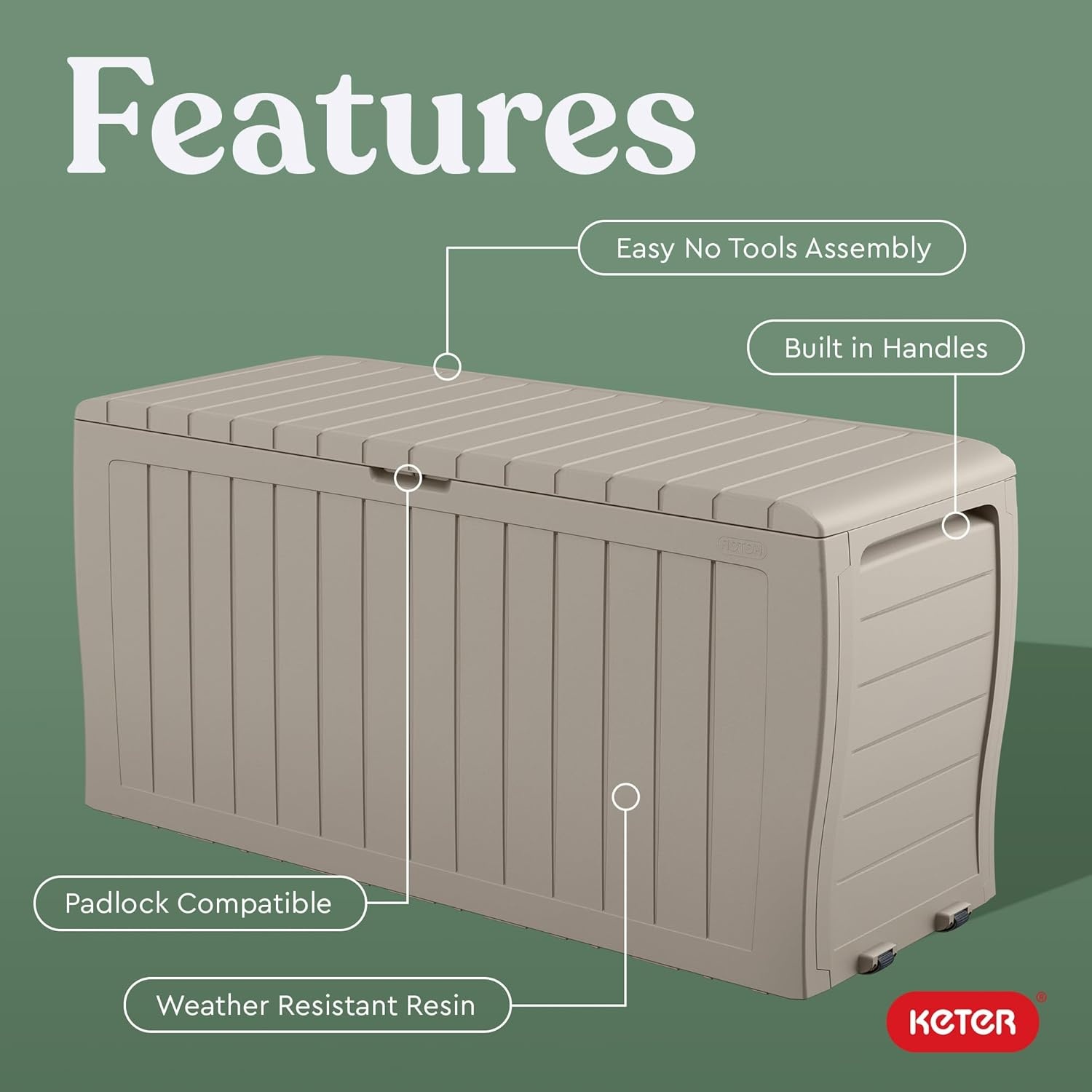 image:imageKeter Atlas 70 Gallon Deck Box WeatherResistant Outdoor Storage Chest for Patio Yard amp Pool Durable Resin Construction Lockable Lid EasyOpen DesignBeige