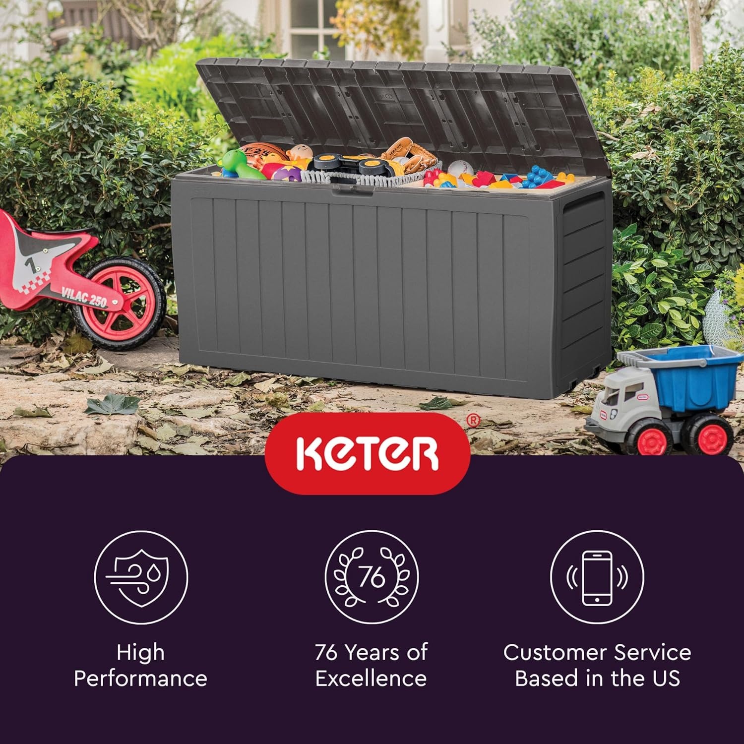 image:imageKeter Atlas 70 Gallon Deck Box WeatherResistant Outdoor Storage Chest for Patio Yard amp Pool Durable Resin Construction Lockable Lid EasyOpen DesignLight Grey