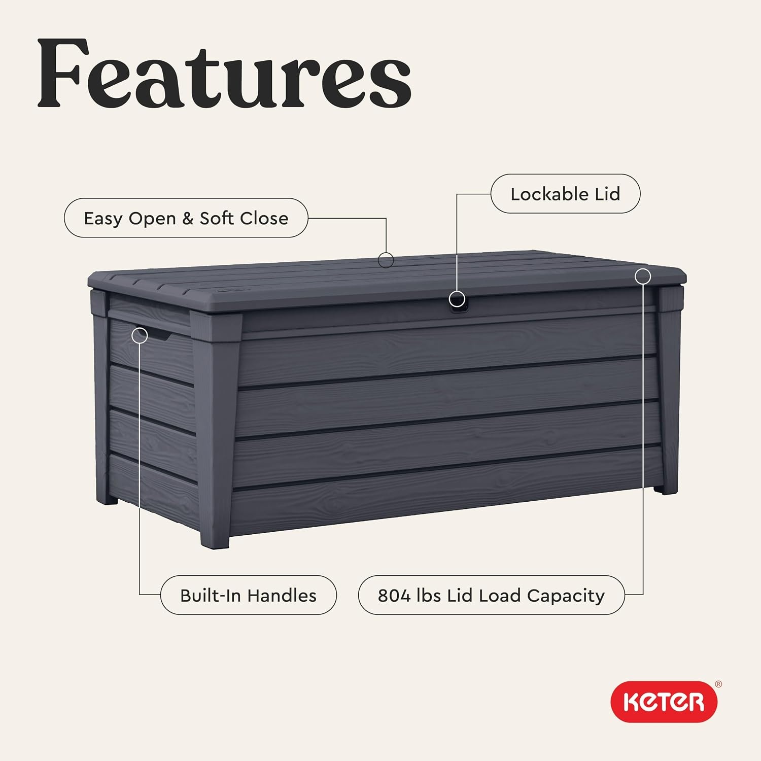 image:imageKeter Brightwood 120 Gallon Resin Large Deck Box for Patio Garden Outdoor Cushion Storage Pool Accessories Tools Grey