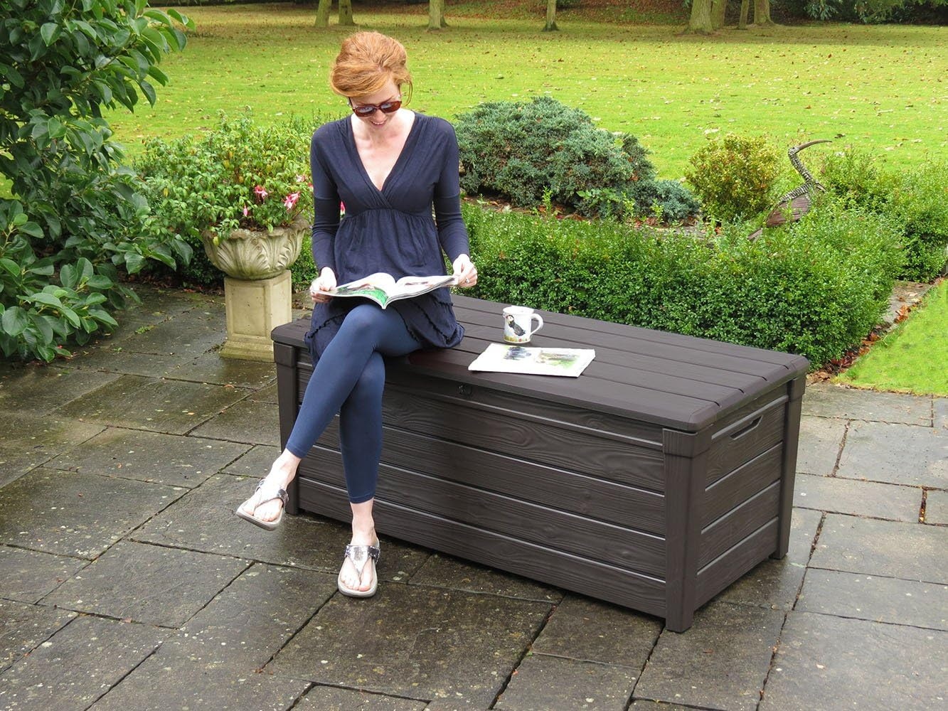 image:imageKeter Brightwood 120 Gallon Resin Large Deck Box for Patio Garden Outdoor Cushion Storage Pool Accessories Tools Grey