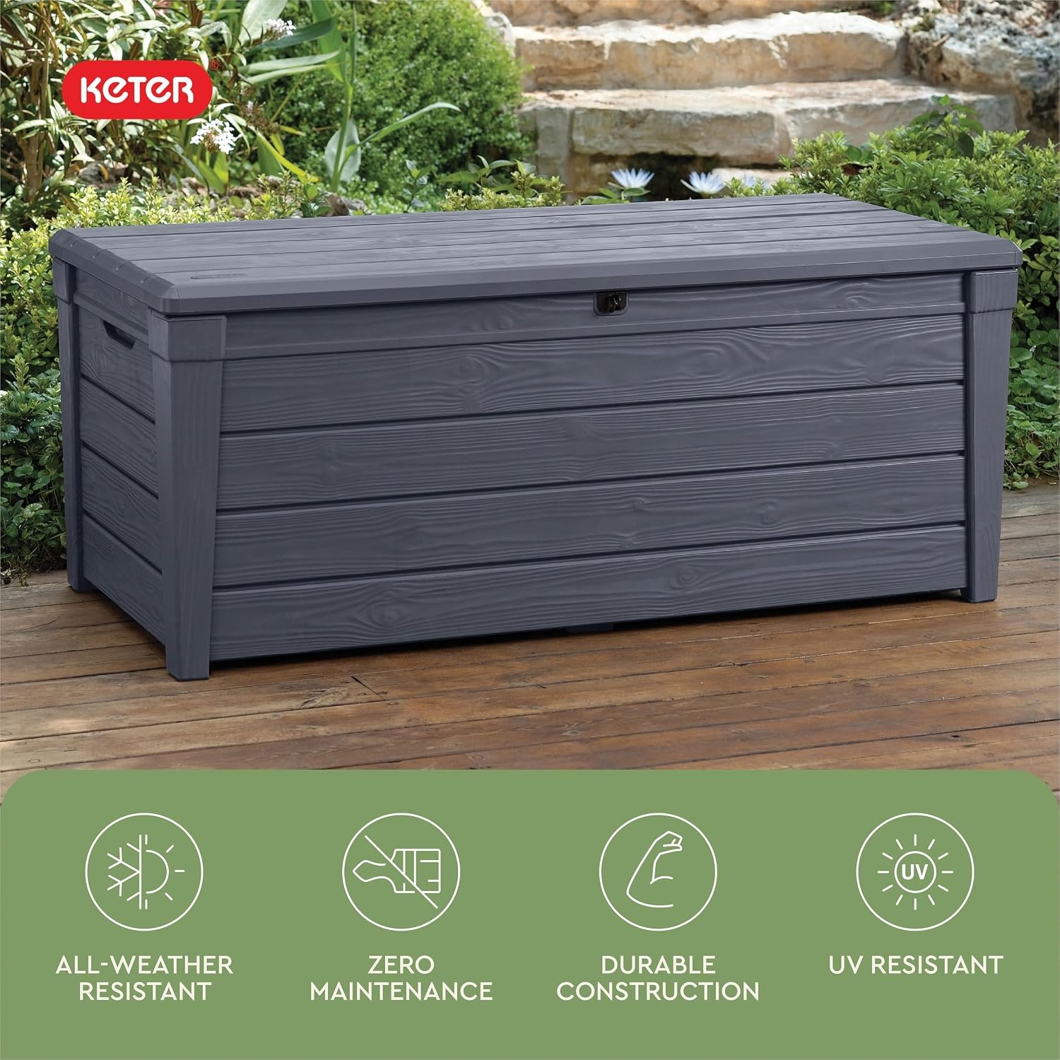 image:imageKeter Brightwood 120 Gallon Resin Large Deck Box for Patio Garden Outdoor Cushion Storage Pool Accessories Tools Grey