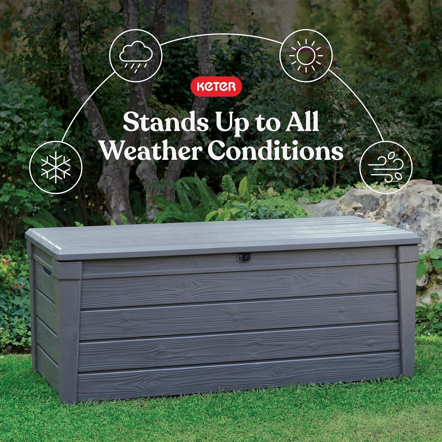 image:imageKeter Brightwood 120 Gallon Resin Large Deck Box for Patio Garden Outdoor Cushion Storage Pool Accessories Tools Grey
