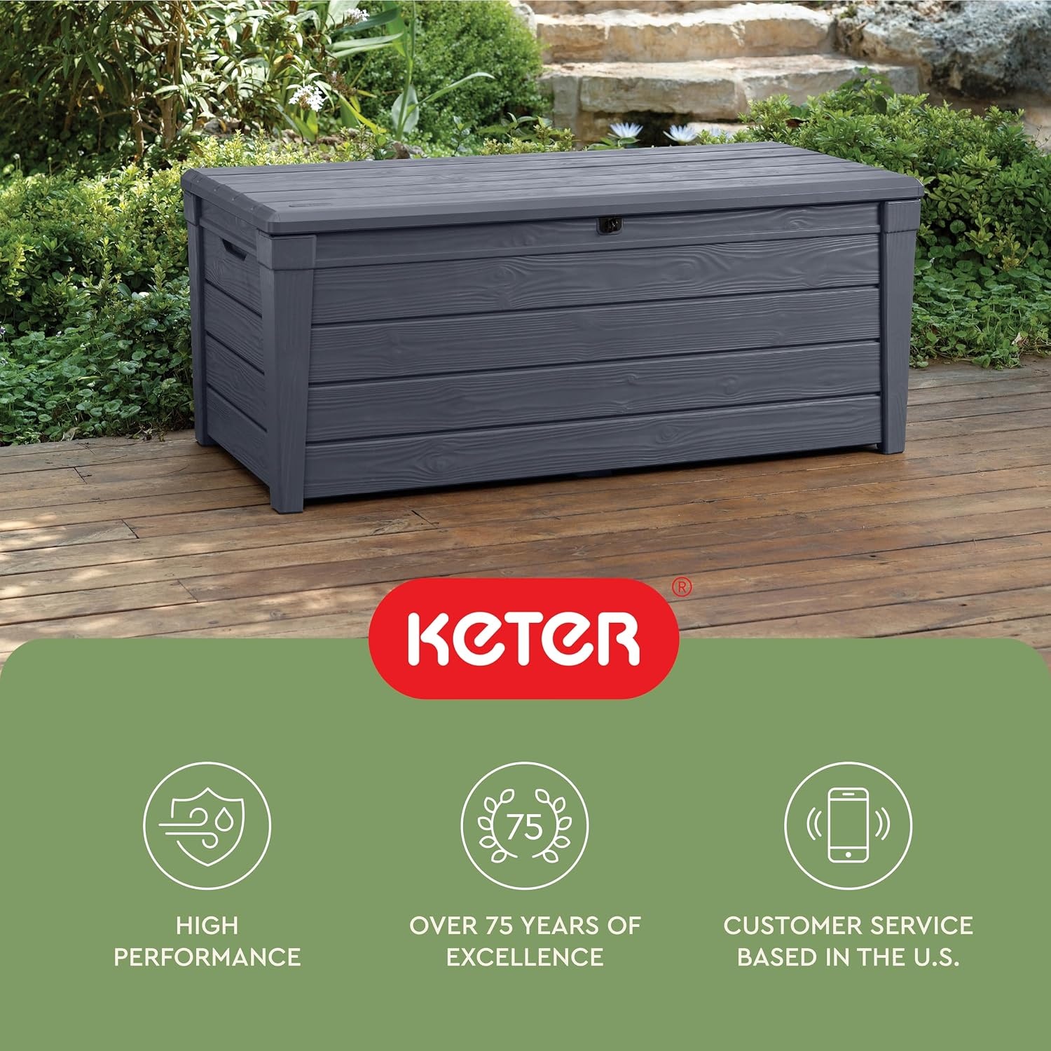 image:imageKeter Brightwood 120 Gallon Resin Large Deck Box for Patio Garden Outdoor Cushion Storage Pool Accessories Tools Grey