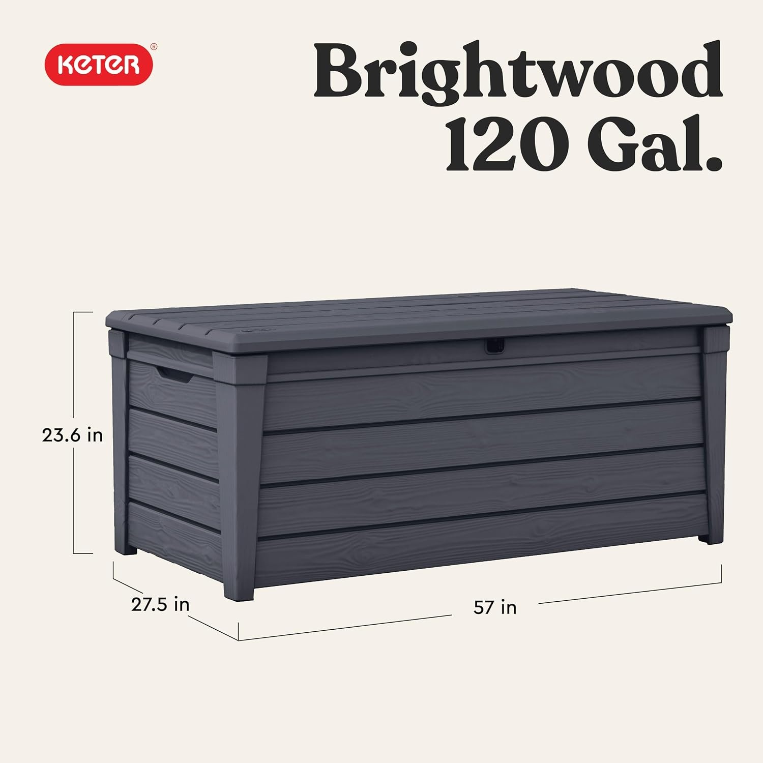 image:imageKeter Brightwood 120 Gallon Resin Large Deck Box for Patio Garden Outdoor Cushion Storage Pool Accessories Tools Grey