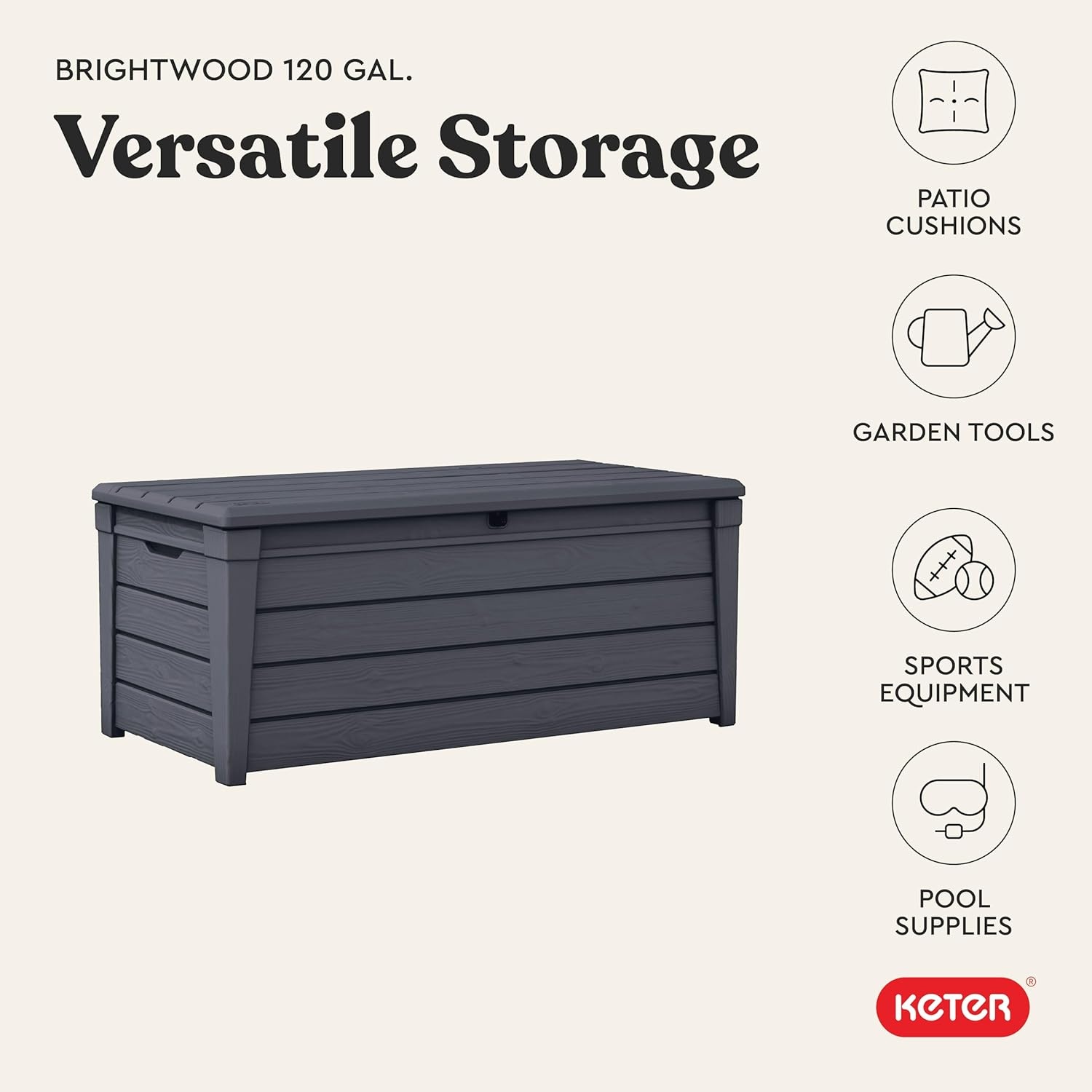 image:imageKeter Brightwood 120 Gallon Resin Large Deck Box for Patio Garden Outdoor Cushion Storage Pool Accessories Tools Grey