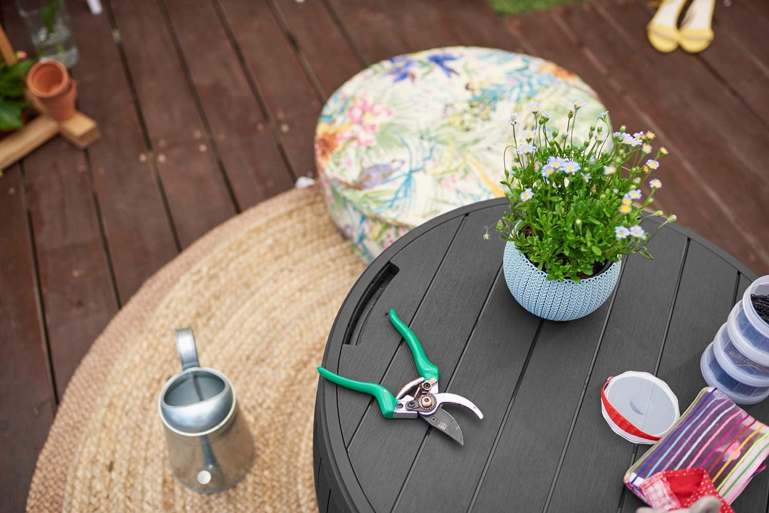 image:imageKeter Circa 37 Gallon Deck Box Organizer Works as Ottoman Chair or Side Table Brown Large Resin Round Outdoor Storage and Seating for Garden Pool and PatioGrey