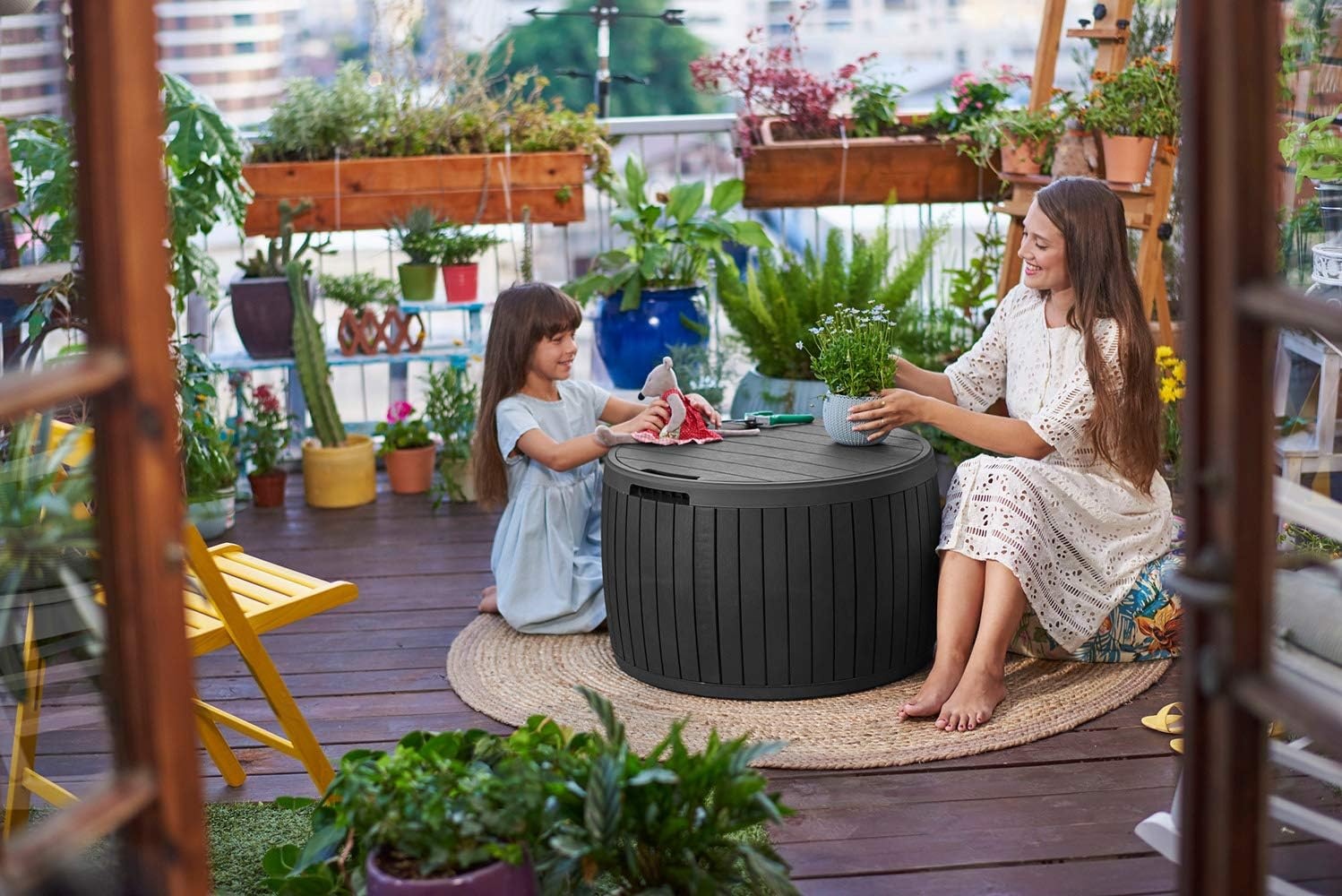 image:imageKeter Circa 37 Gallon Deck Box Organizer Works as Ottoman Chair or Side Table Brown Large Resin Round Outdoor Storage and Seating for Garden Pool and PatioGrey