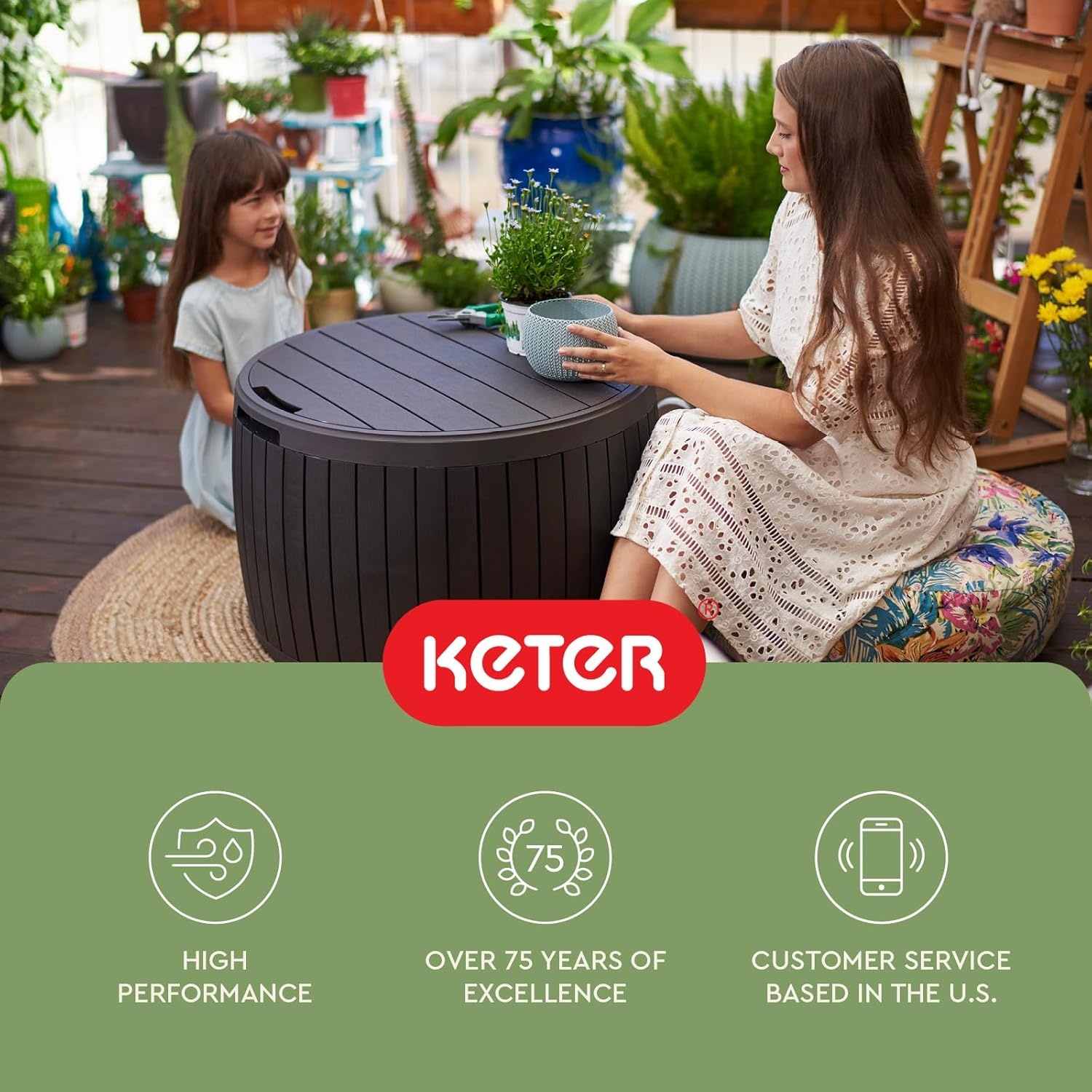 image:imageKeter Circa 37 Gallon Deck Box Organizer Works as Ottoman Chair or Side Table Brown Large Resin Round Outdoor Storage and Seating for Garden Pool and PatioBrown
