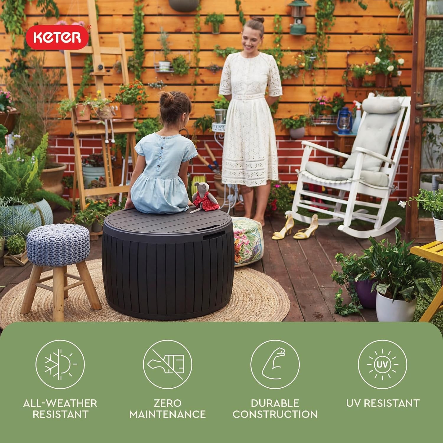 image:imageKeter Circa 37 Gallon Deck Box Organizer Works as Ottoman Chair or Side Table Brown Large Resin Round Outdoor Storage and Seating for Garden Pool and PatioBrown