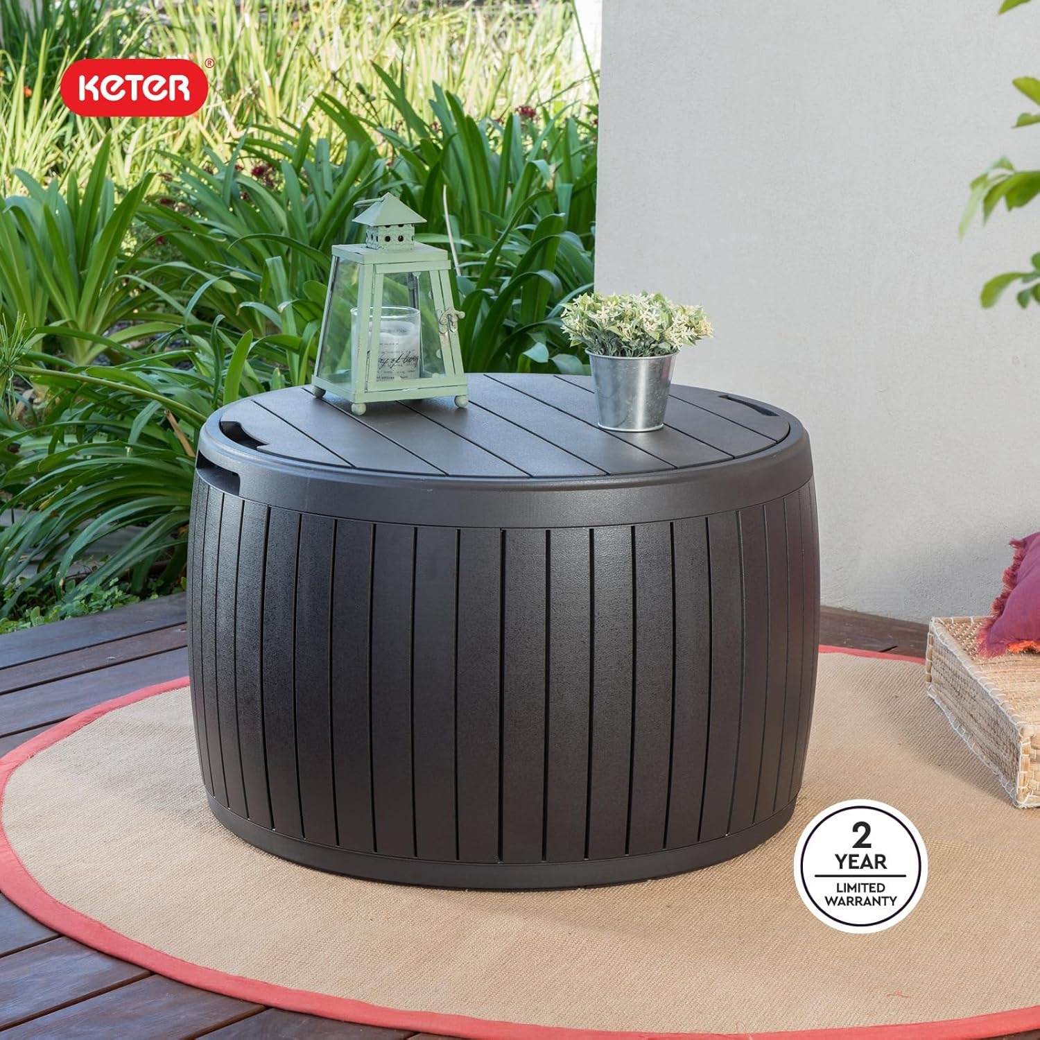 image:imageKeter Circa 37 Gallon Deck Box Organizer Works as Ottoman Chair or Side Table Brown Large Resin Round Outdoor Storage and Seating for Garden Pool and PatioBrown