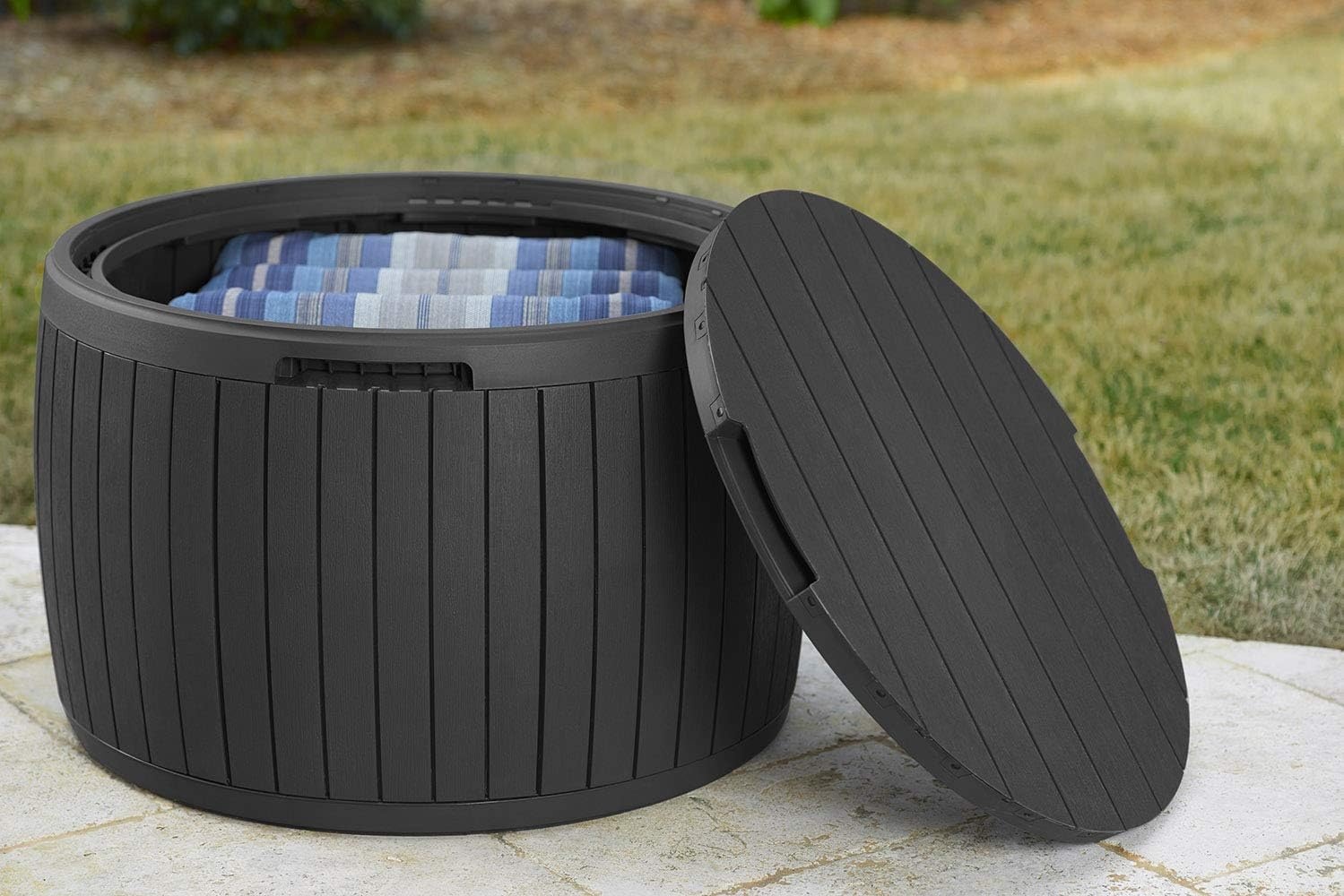 image:imageKeter Circa 37 Gallon Deck Box Organizer Works as Ottoman Chair or Side Table Brown Large Resin Round Outdoor Storage and Seating for Garden Pool and PatioGrey