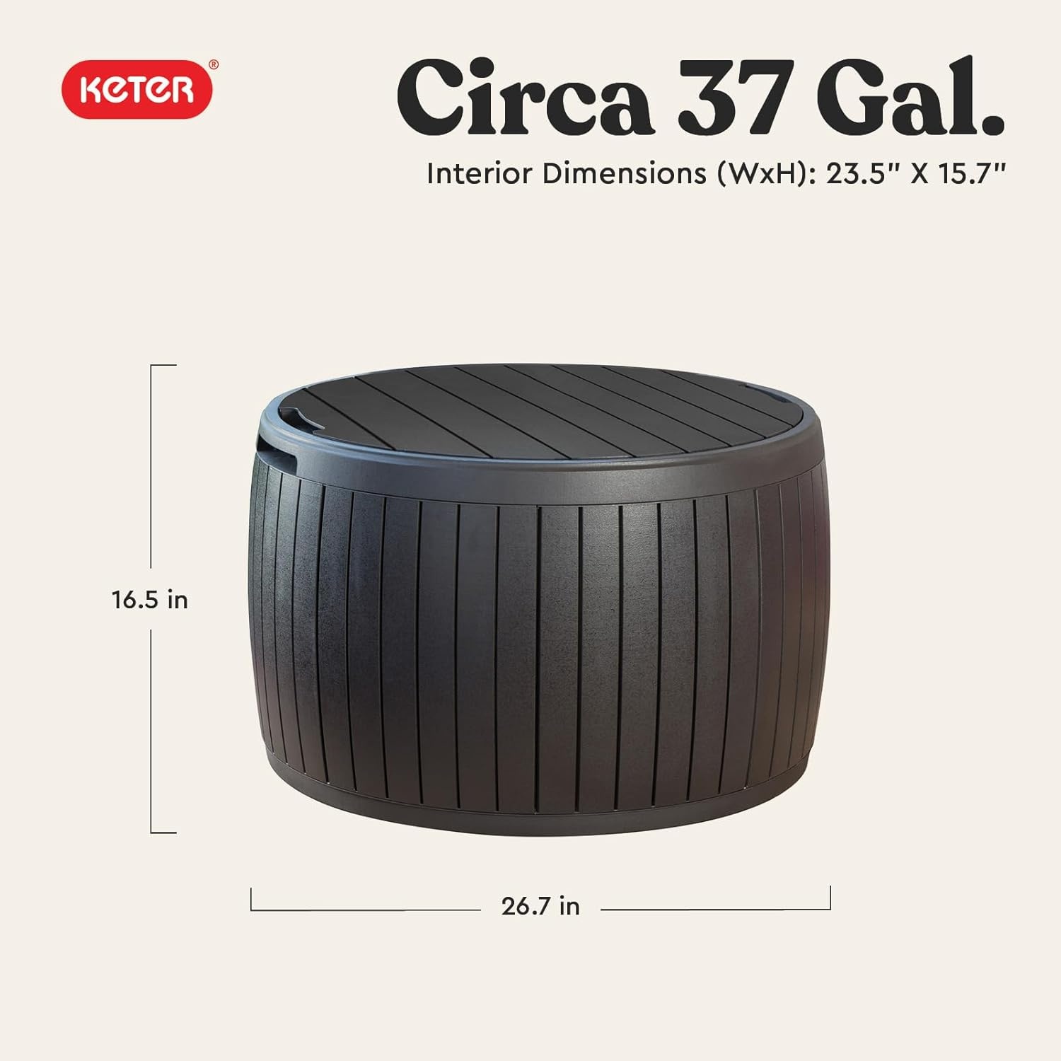 image:imageKeter Circa 37 Gallon Deck Box Organizer Works as Ottoman Chair or Side Table Brown Large Resin Round Outdoor Storage and Seating for Garden Pool and PatioBrown