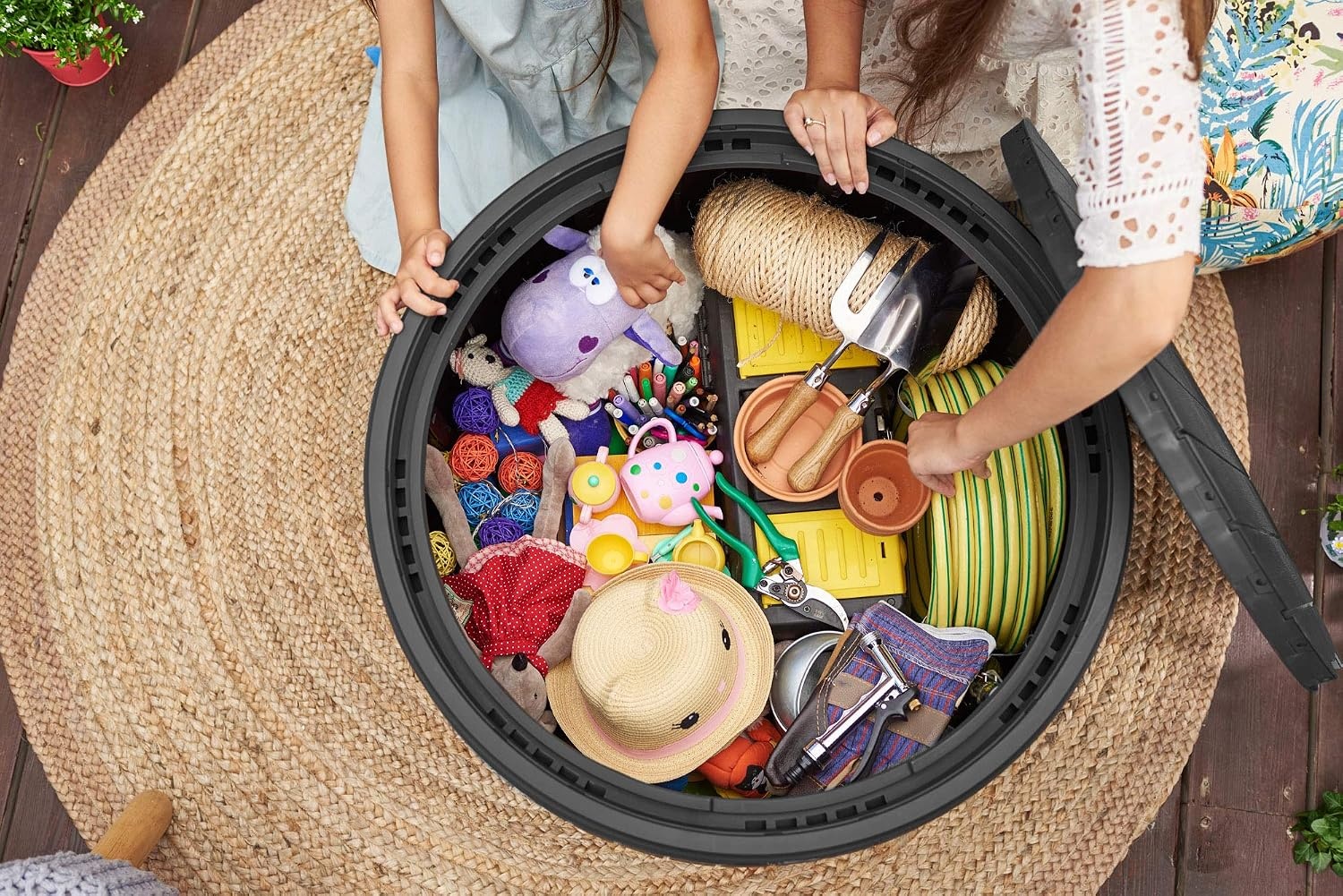 image:imageKeter Circa 37 Gallon Deck Box Organizer Works as Ottoman Chair or Side Table Brown Large Resin Round Outdoor Storage and Seating for Garden Pool and PatioGrey