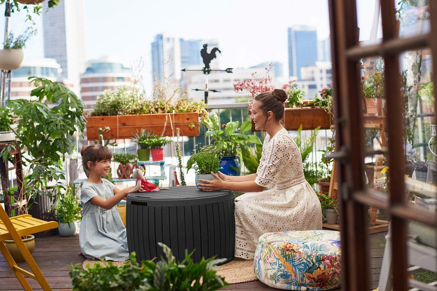 image:imageKeter Circa 37 Gallon Deck Box Organizer Works as Ottoman Chair or Side Table Brown Large Resin Round Outdoor Storage and Seating for Garden Pool and PatioGrey
