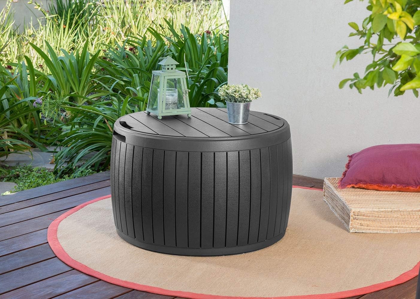 image:imageKeter Circa 37 Gallon Deck Box Organizer Works as Ottoman Chair or Side Table Brown Large Resin Round Outdoor Storage and Seating for Garden Pool and PatioGrey