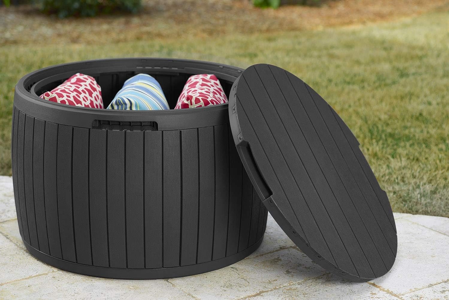 image:imageKeter Circa 37 Gallon Deck Box Organizer Works as Ottoman Chair or Side Table Brown Large Resin Round Outdoor Storage and Seating for Garden Pool and PatioGrey