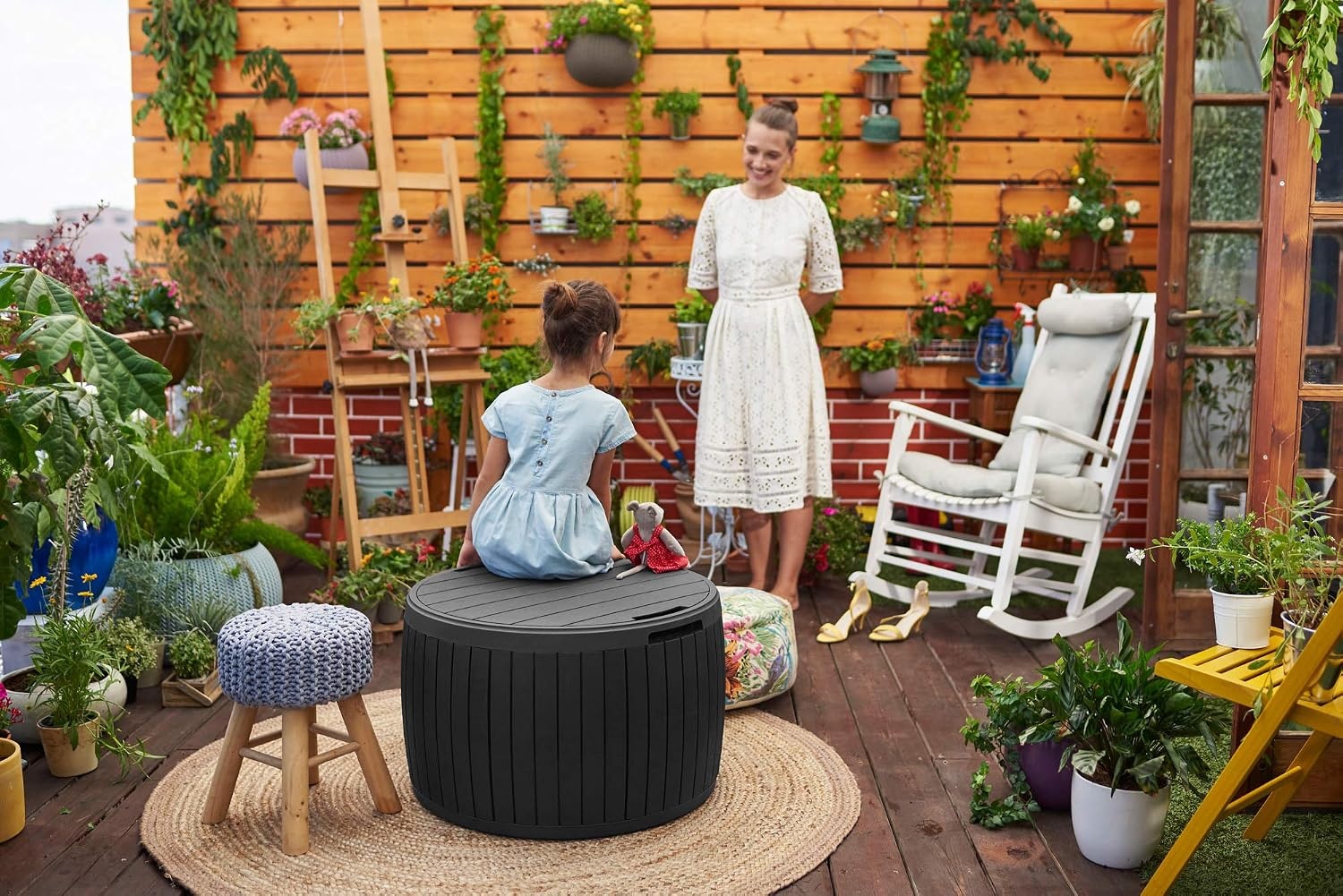 image:imageKeter Circa 37 Gallon Deck Box Organizer Works as Ottoman Chair or Side Table Brown Large Resin Round Outdoor Storage and Seating for Garden Pool and PatioGrey