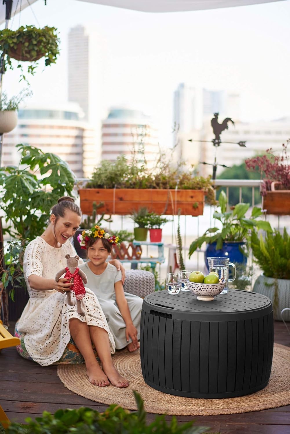 image:imageKeter Circa 37 Gallon Deck Box Organizer Works as Ottoman Chair or Side Table Brown Large Resin Round Outdoor Storage and Seating for Garden Pool and PatioGrey