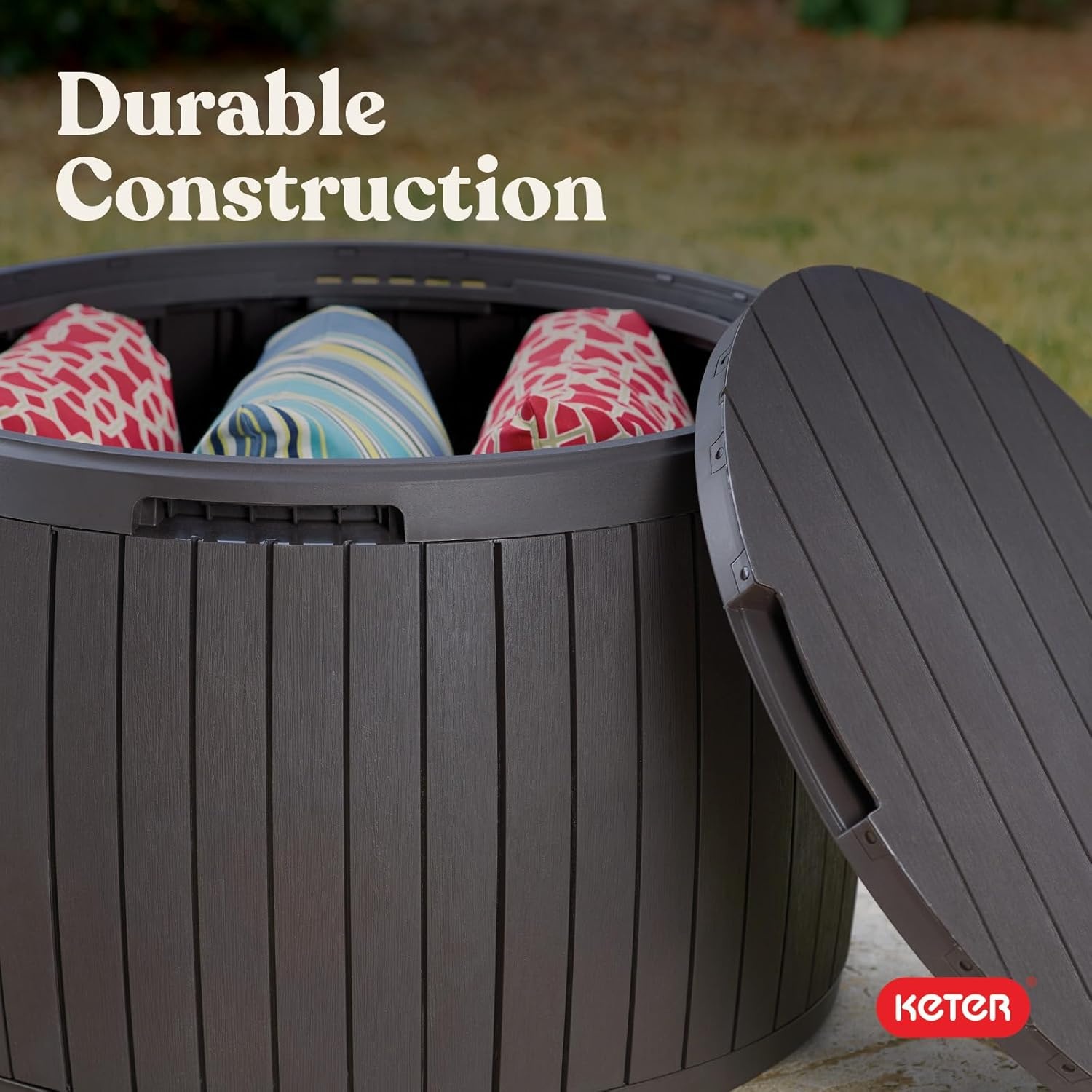 image:imageKeter Circa 37 Gallon Deck Box Organizer Works as Ottoman Chair or Side Table Brown Large Resin Round Outdoor Storage and Seating for Garden Pool and PatioBrown