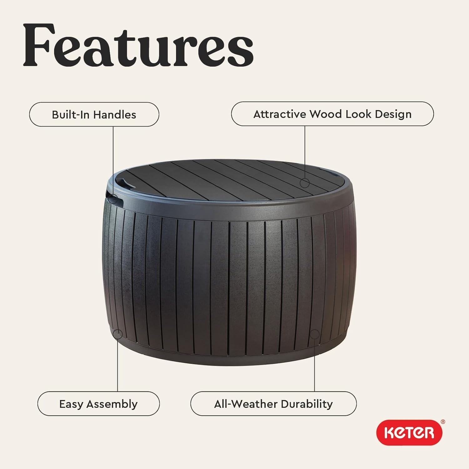 image:imageKeter Circa 37 Gallon Deck Box Organizer Works as Ottoman Chair or Side Table Brown Large Resin Round Outdoor Storage and Seating for Garden Pool and PatioBrown