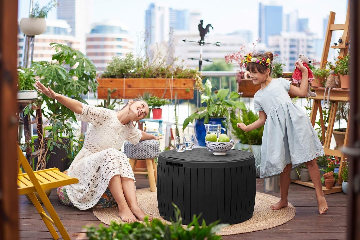 image:imageKeter Circa 37 Gallon Deck Box Organizer Works as Ottoman Chair or Side Table Brown Large Resin Round Outdoor Storage and Seating for Garden Pool and PatioGrey