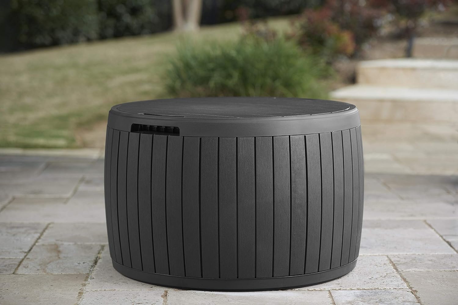 image:imageKeter Circa 37 Gallon Deck Box Organizer Works as Ottoman Chair or Side Table Brown Large Resin Round Outdoor Storage and Seating for Garden Pool and PatioGrey