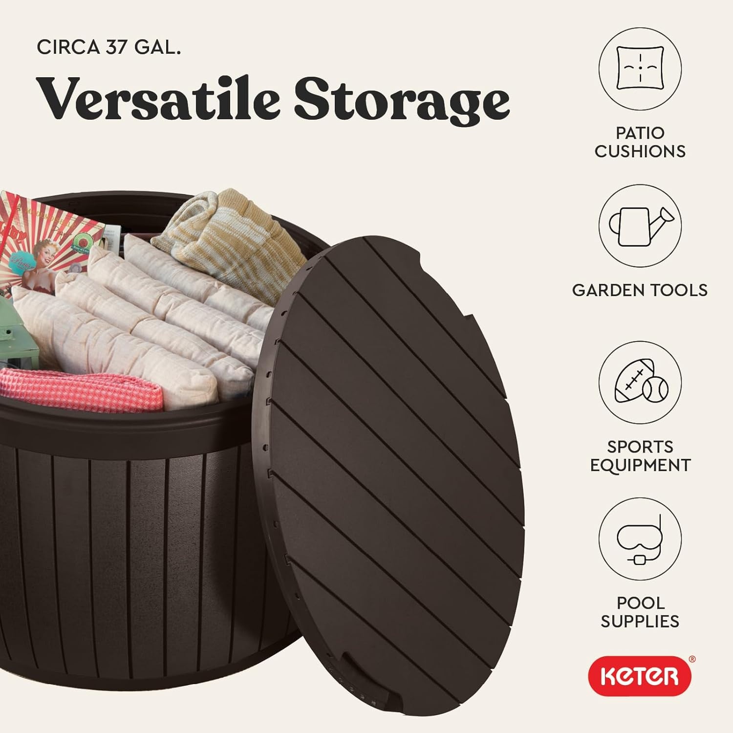 image:imageKeter Circa 37 Gallon Deck Box Organizer Works as Ottoman Chair or Side Table Brown Large Resin Round Outdoor Storage and Seating for Garden Pool and PatioBrown