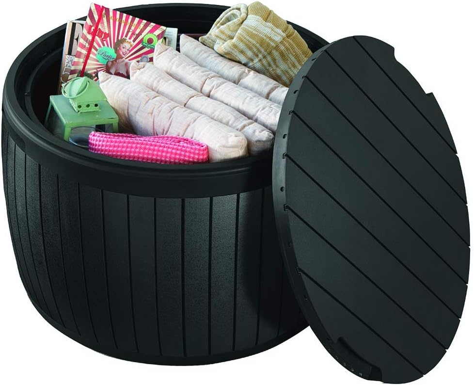 image:imageKeter Circa 37 Gallon Deck Box Organizer Works as Ottoman Chair or Side Table Brown Large Resin Round Outdoor Storage and Seating for Garden Pool and PatioGrey