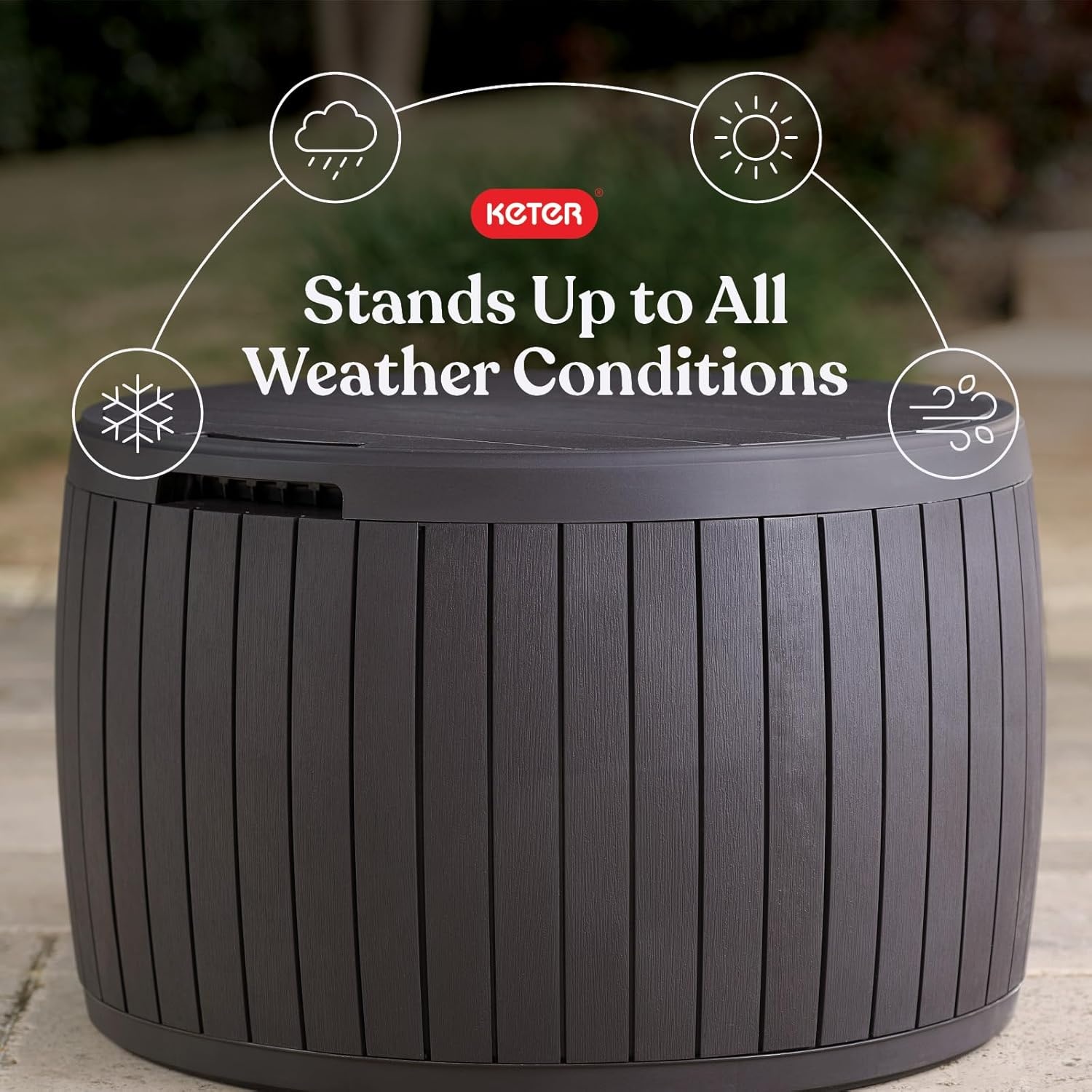 image:imageKeter Circa 37 Gallon Deck Box Organizer Works as Ottoman Chair or Side Table Brown Large Resin Round Outdoor Storage and Seating for Garden Pool and PatioBrown