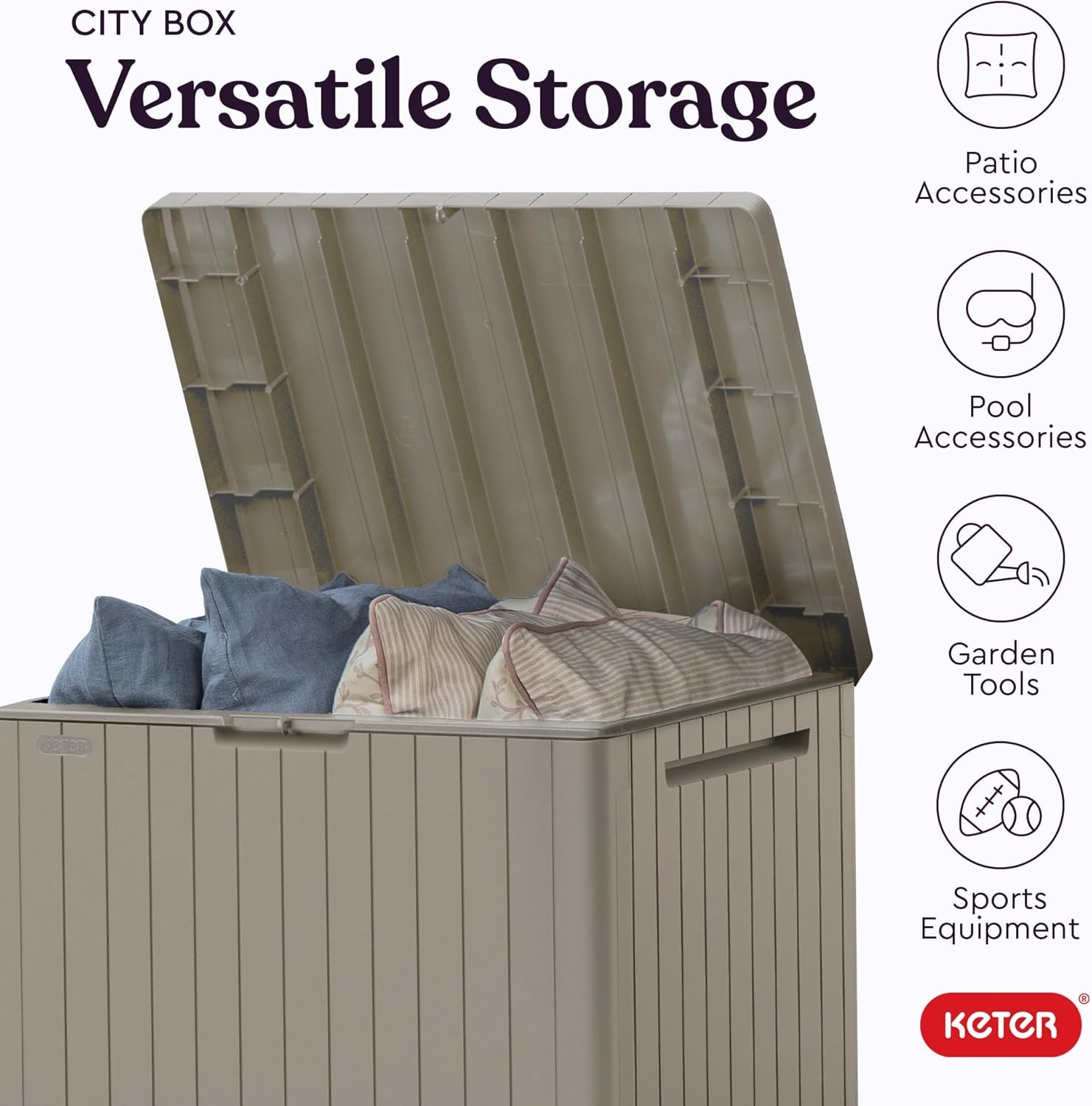 image:imageKeter City 30 Gallon Resin Outdoor Storage Box and Patio Furniture Side Table for Pool and Garden Accessories BeigeBeige