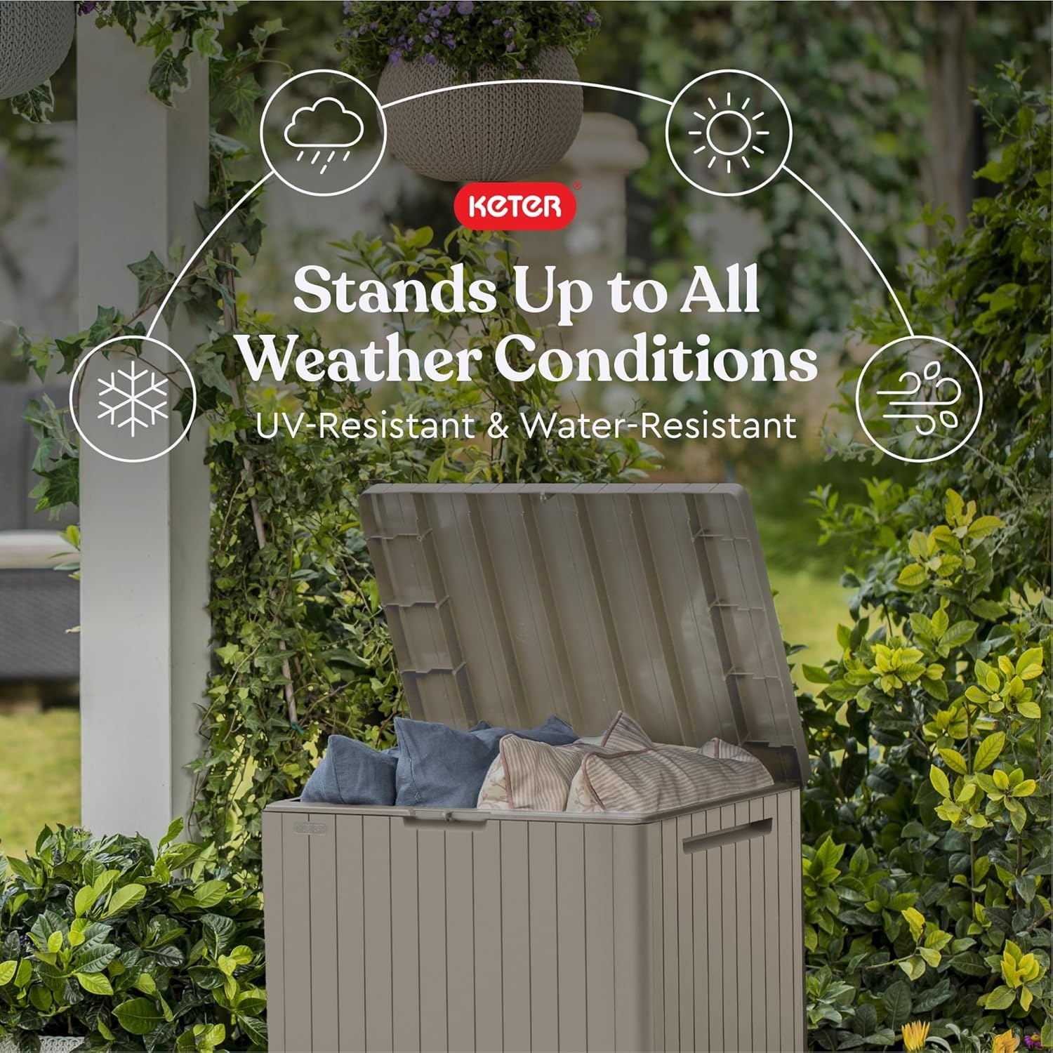 image:imageKeter City 30 Gallon Resin Outdoor Storage Box and Patio Furniture Side Table for Pool and Garden Accessories BeigeBeige