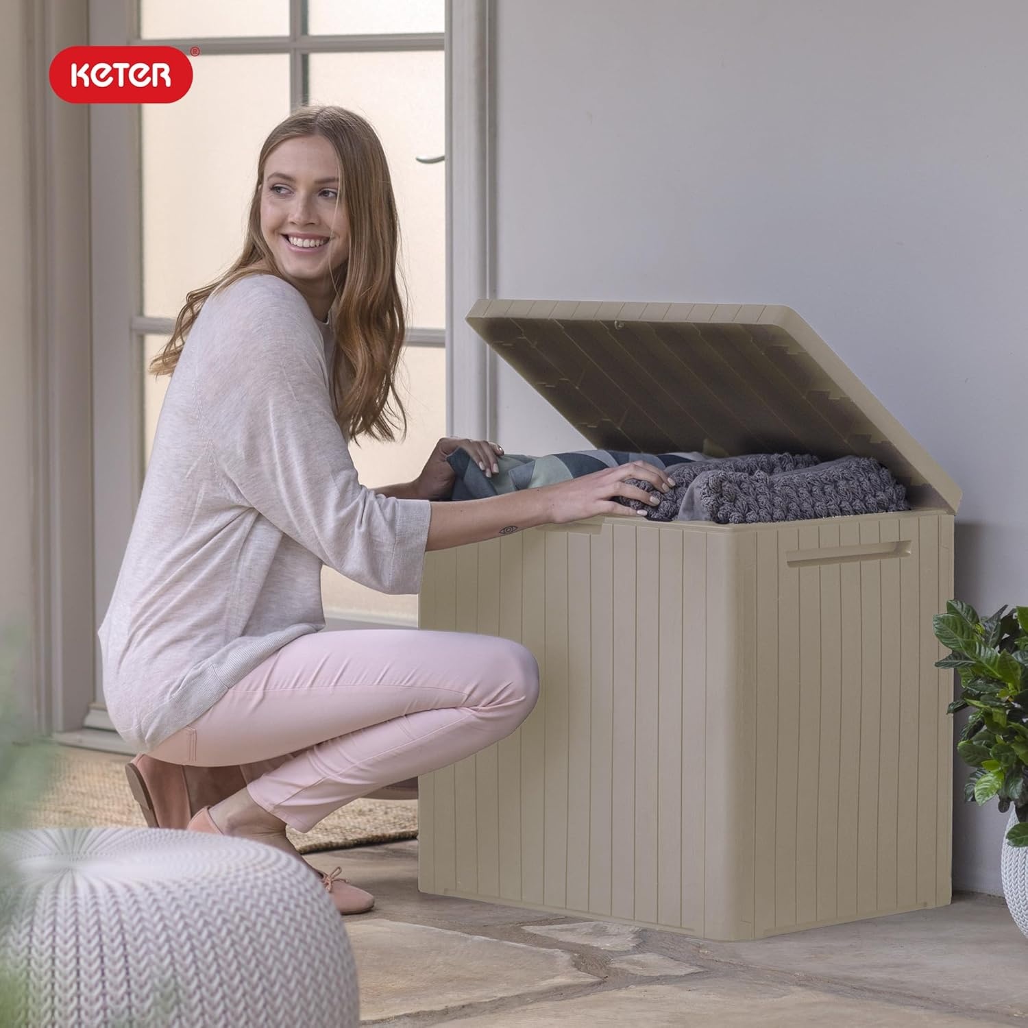 image:imageKeter City 30 Gallon Resin Outdoor Storage Box and Patio Furniture Side Table for Pool and Garden Accessories BeigeBeige