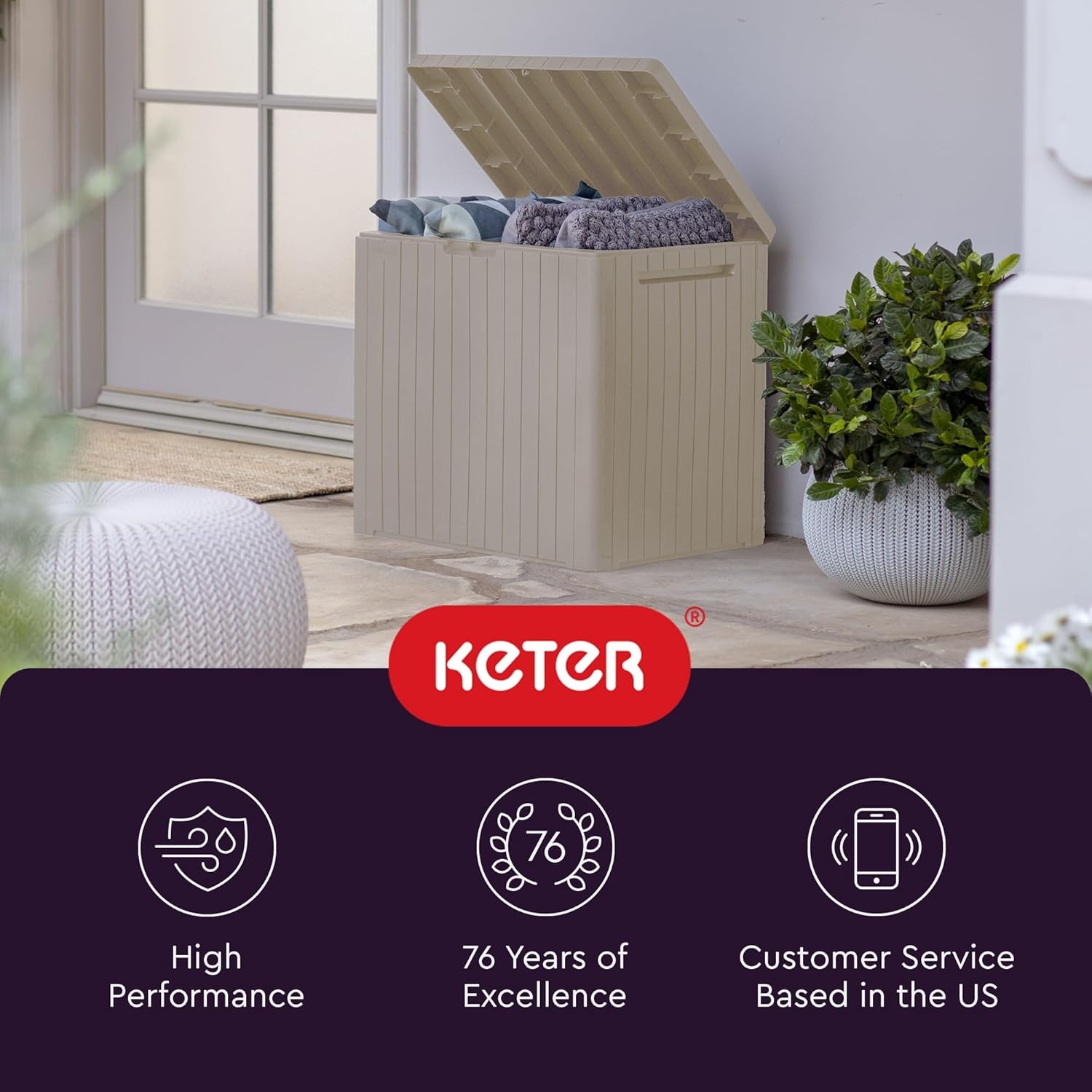 image:imageKeter City 30 Gallon Resin Outdoor Storage Box and Patio Furniture Side Table for Pool and Garden Accessories BeigeBeige
